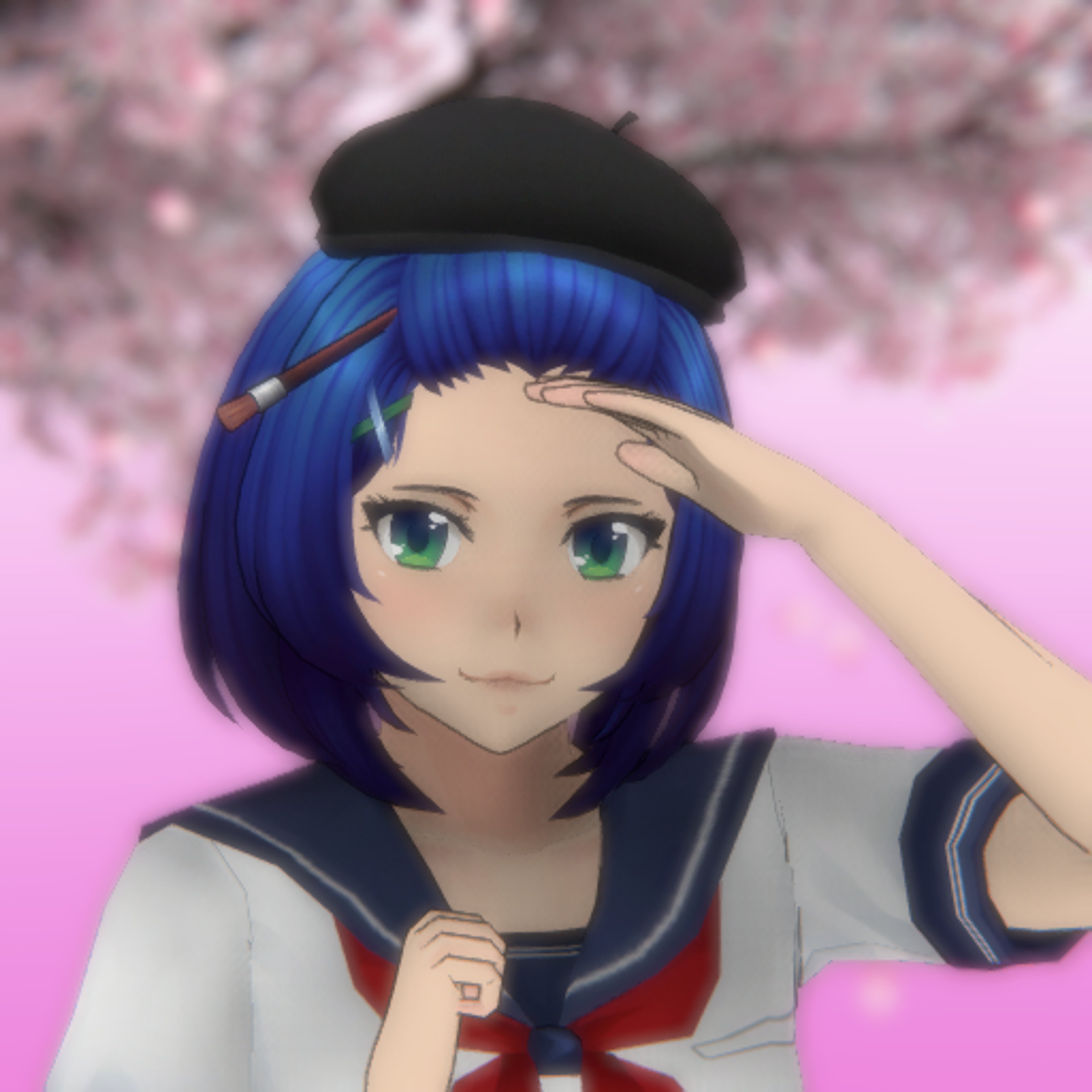 An anime-style character with blue hair, green eyes, and artistic accessories
