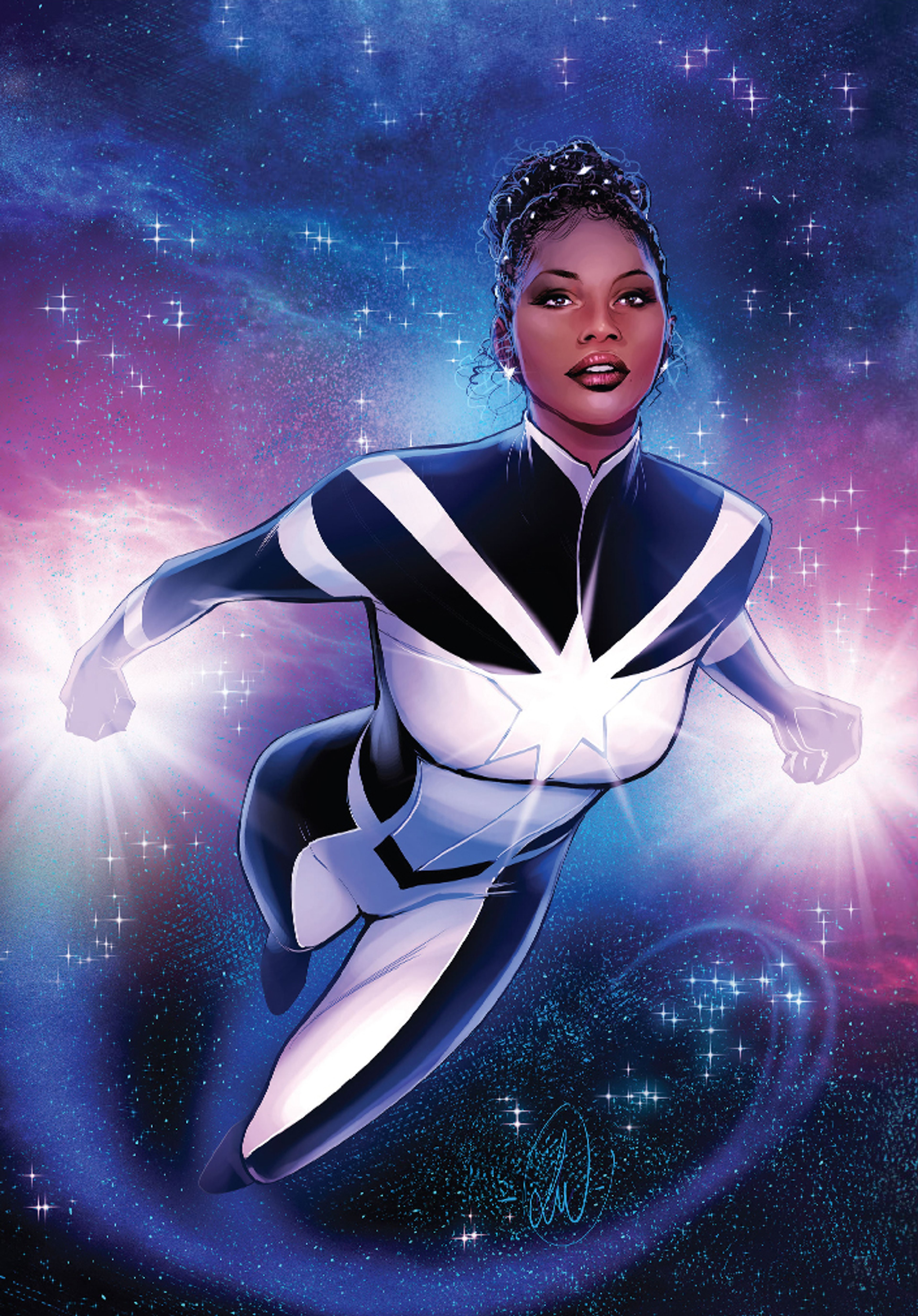 A female superhero character with dark skin, wearing a blue and white costume, surrounded by a glowing energy field.