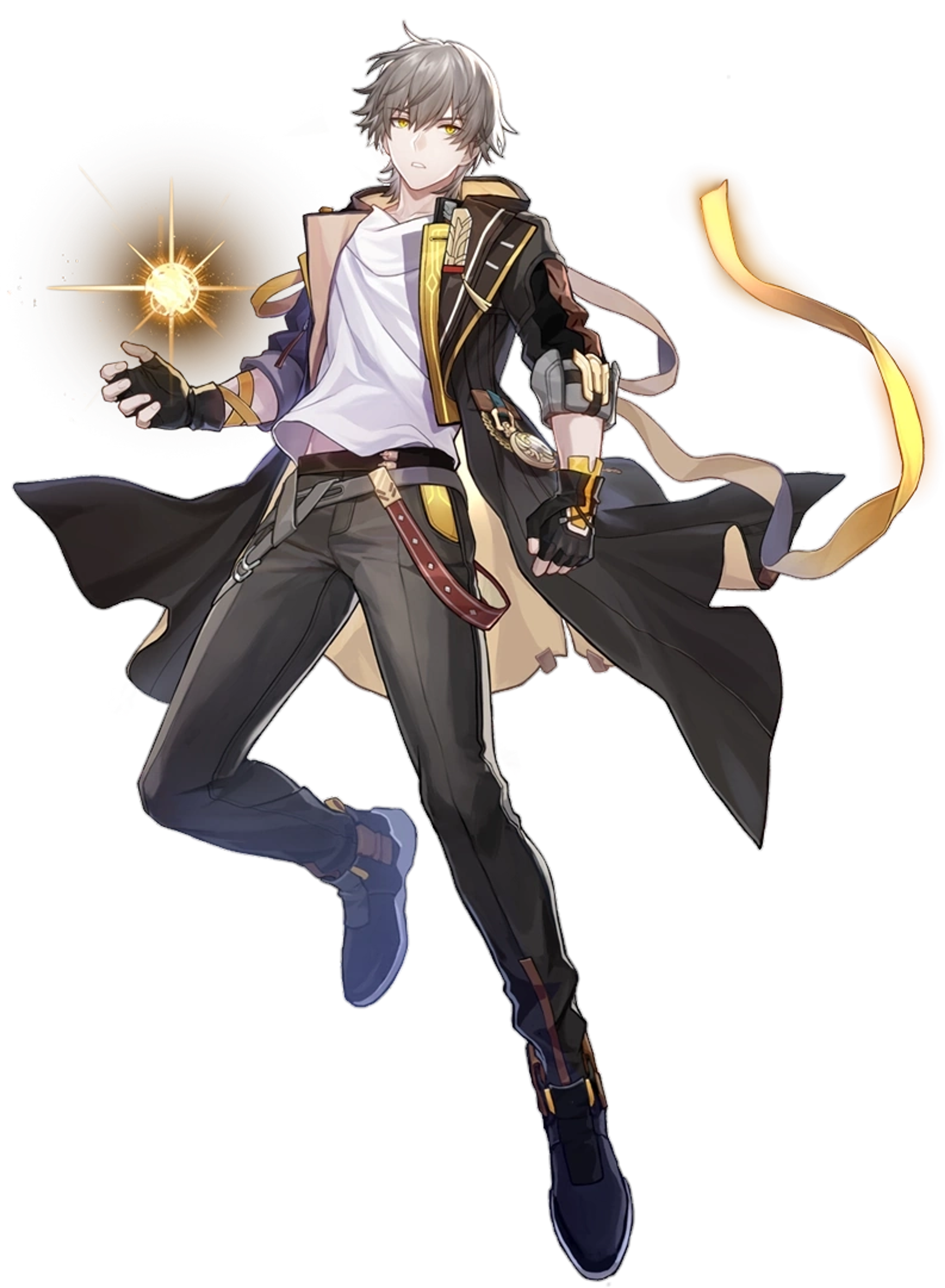 A young man with silver hair and a calm expression, wielding elemental powers.