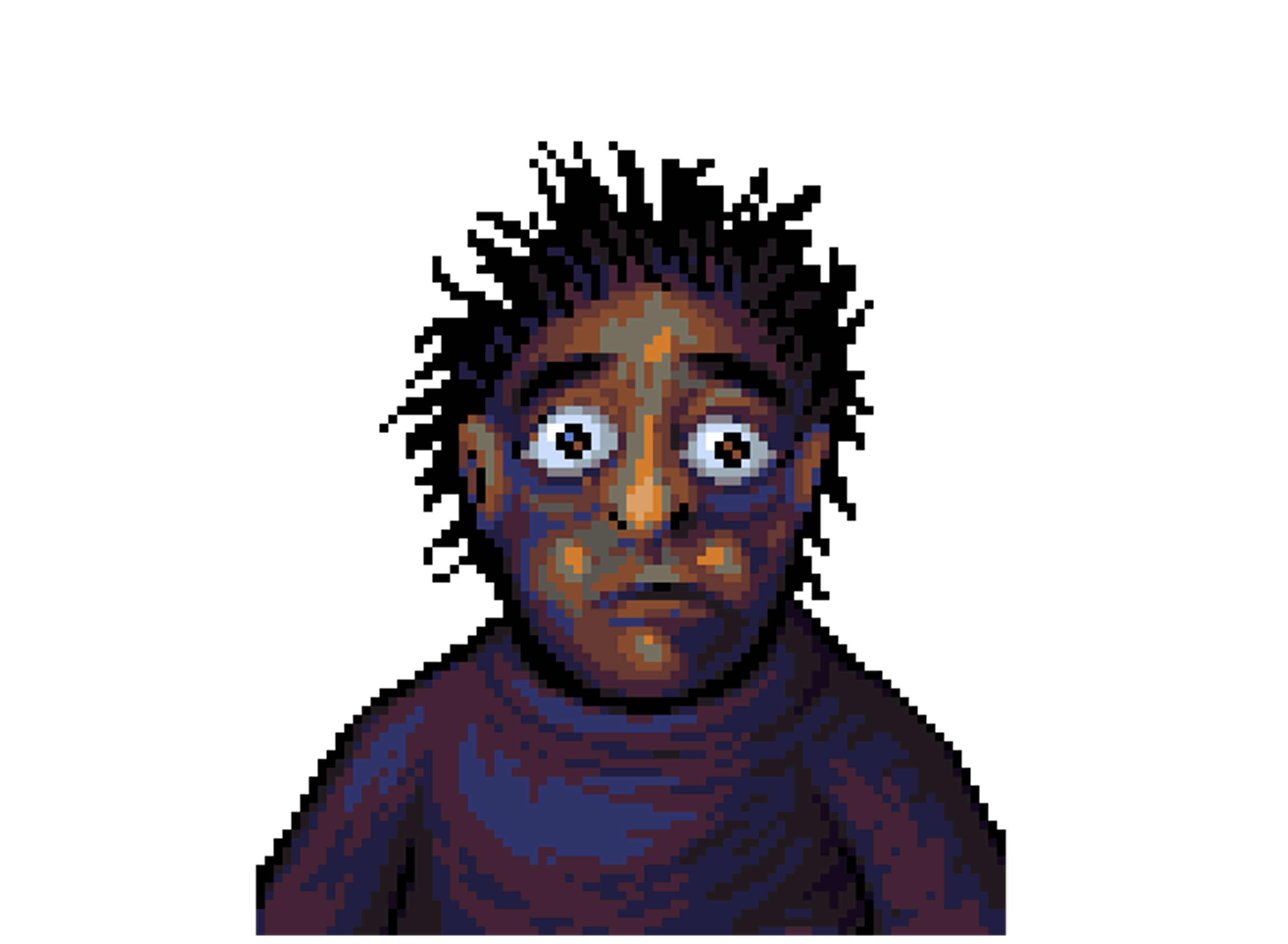 A middle-aged man with heterochromic eyes, wearing a purple shirt or sweater.