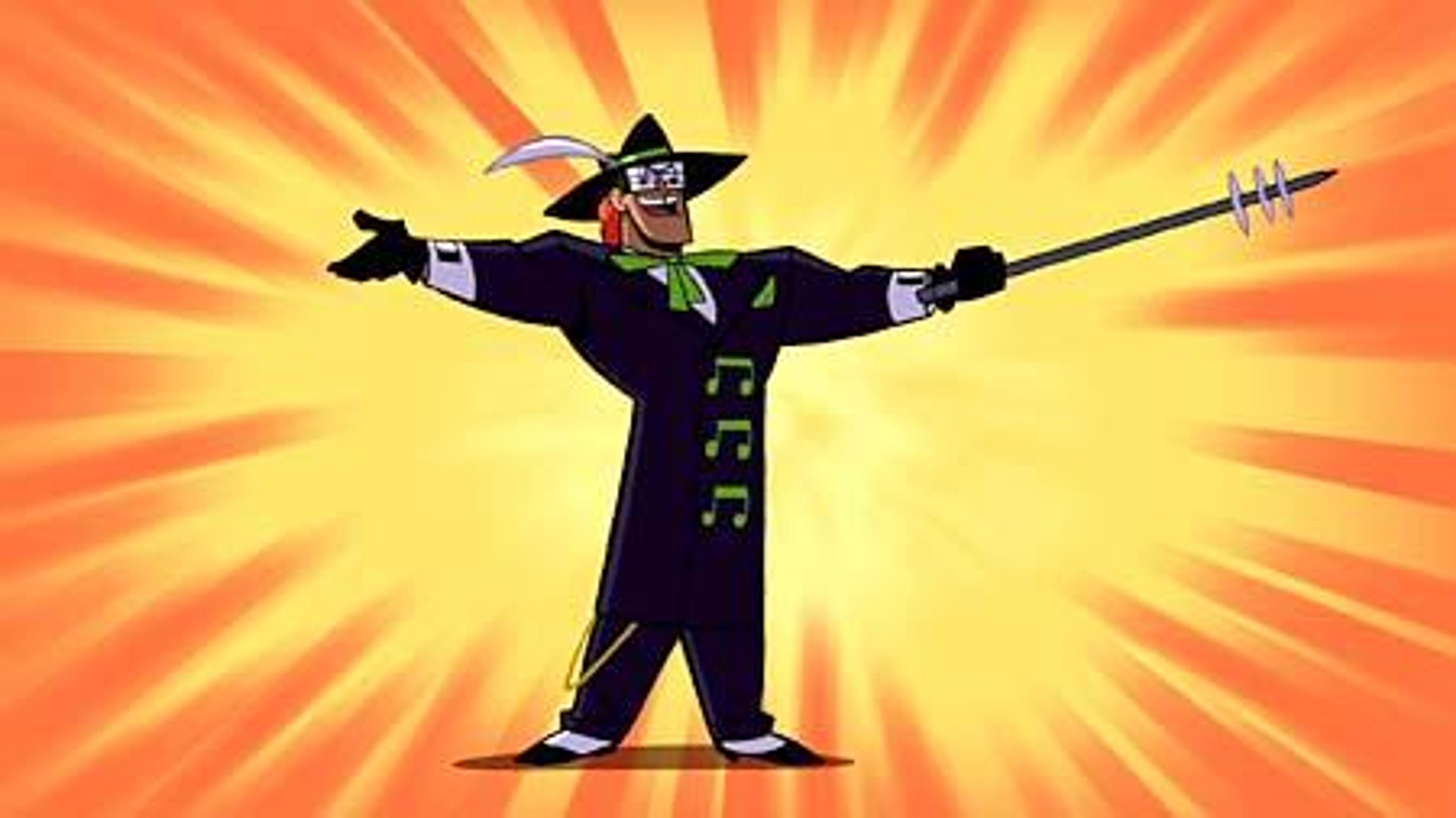A theatrical, musical-themed supervillain character in a dramatic pose