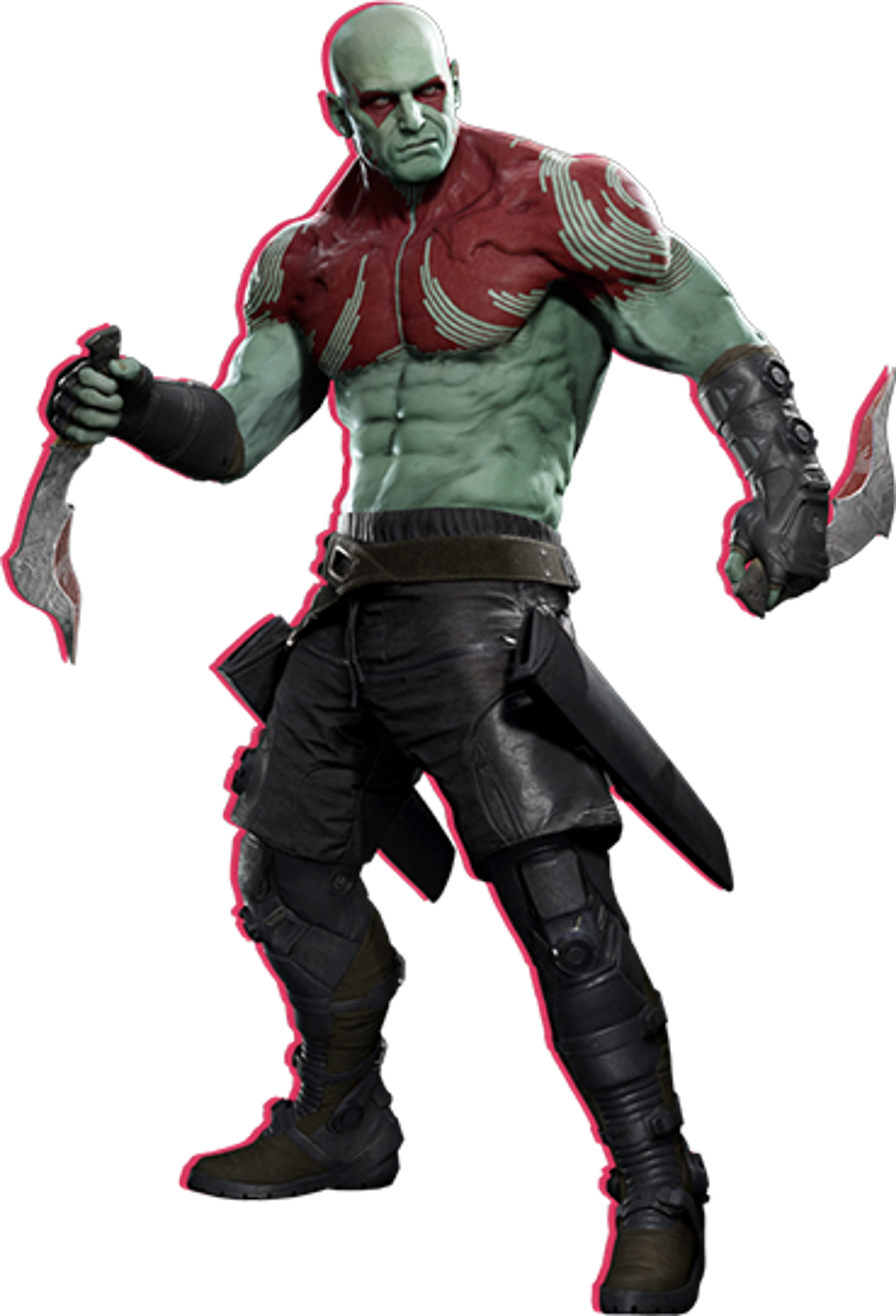 A muscular, gray-skinned humanoid character with red tattoos and a shaved head, wearing black pants and boots.