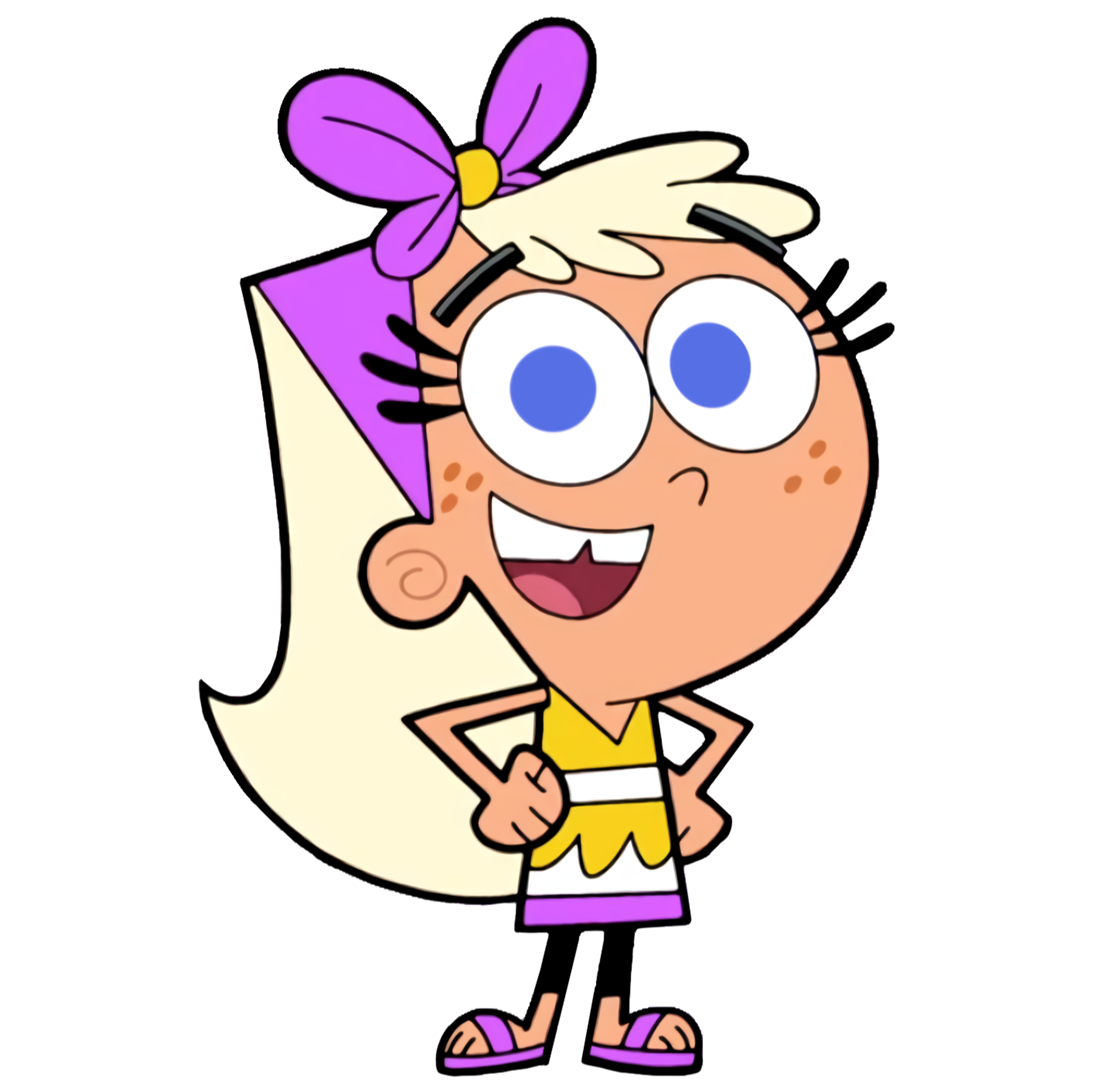 A cartoon character of a young girl with a pink bow in her hair and a yellow shirt