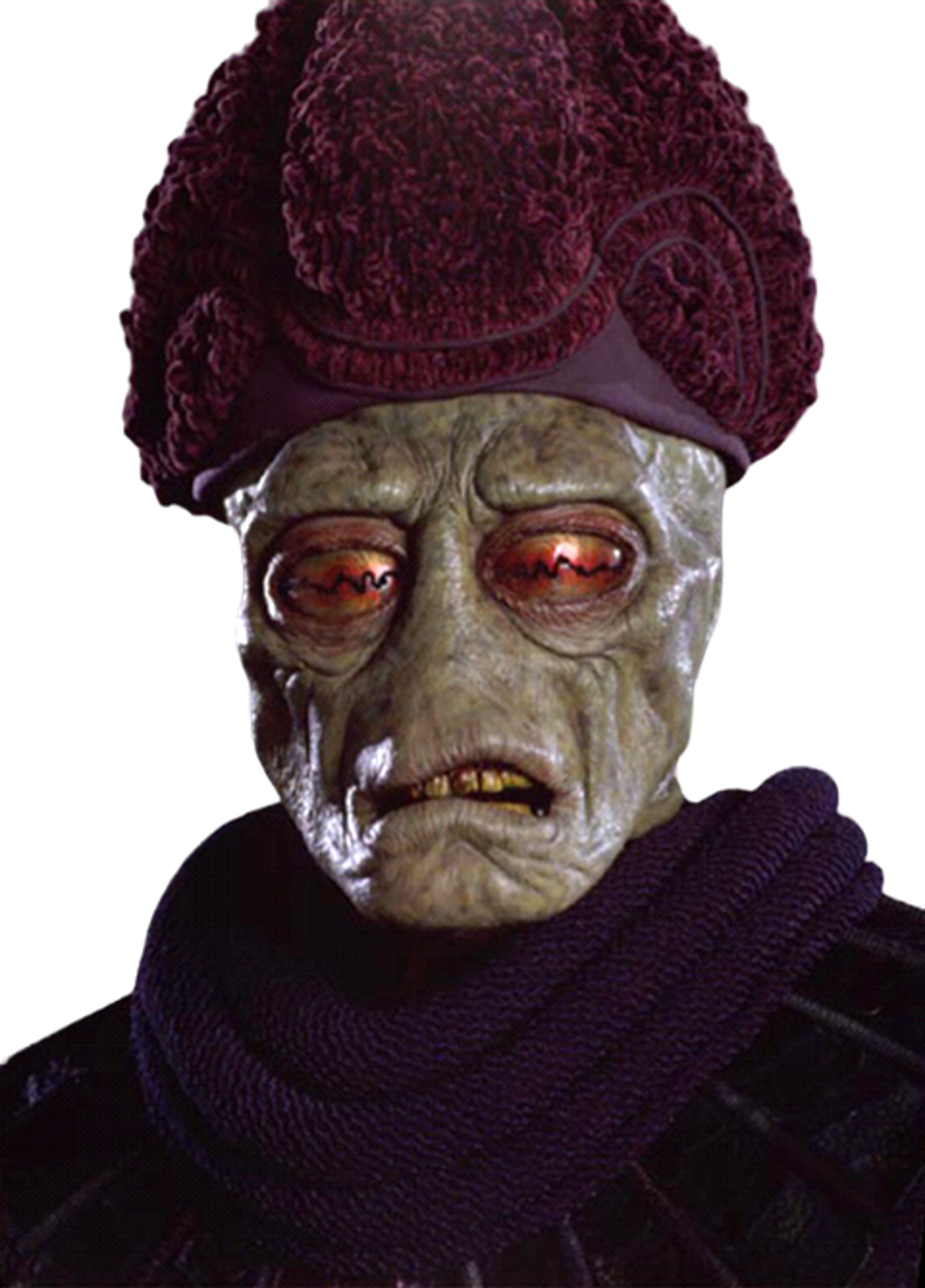 A green-skinned, reptilian-looking humanoid character with large, red-gold eyes and a stern expression, wearing a dark purple robe and scarf.