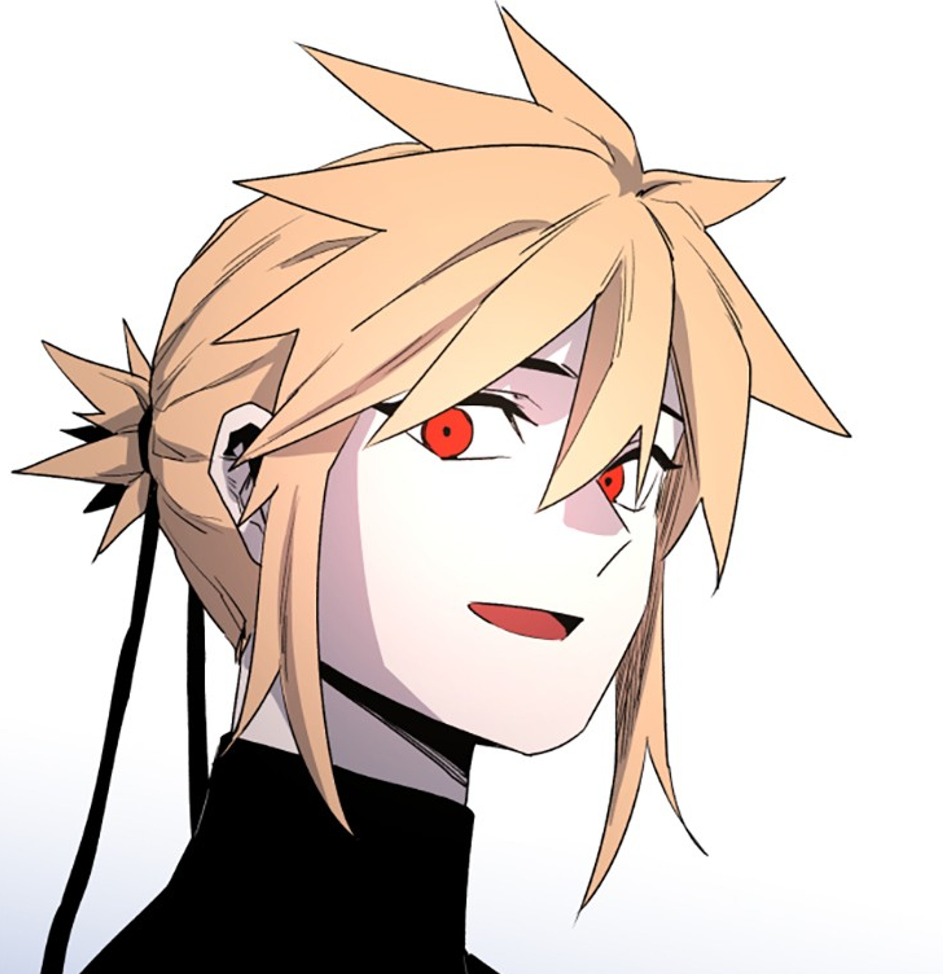 A young, blonde-haired boy with red eyes and a mole under his left eye, wearing a black outfit and looking confident.