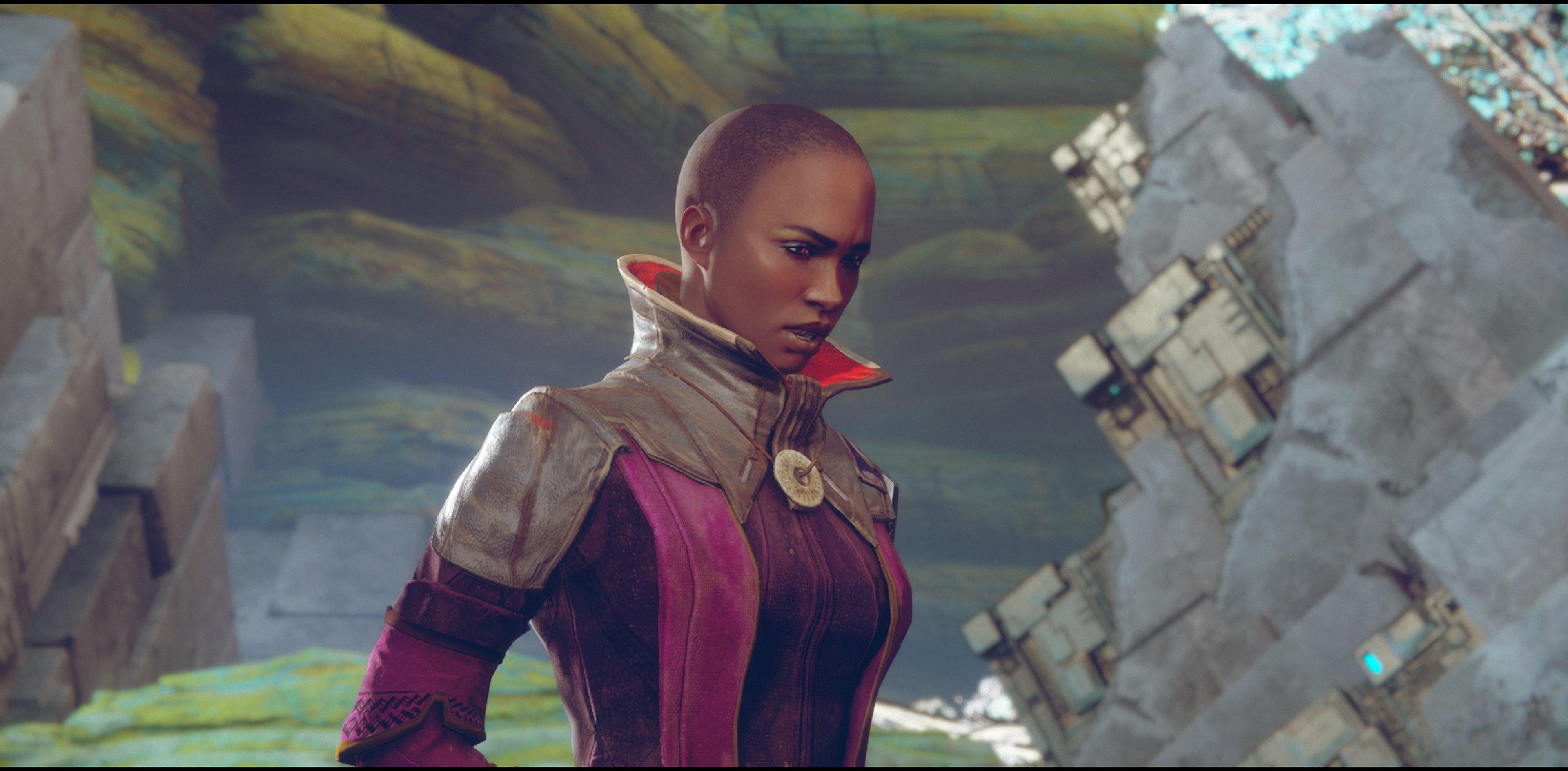 A woman in a purple and red sci-fi outfit with a serious expression