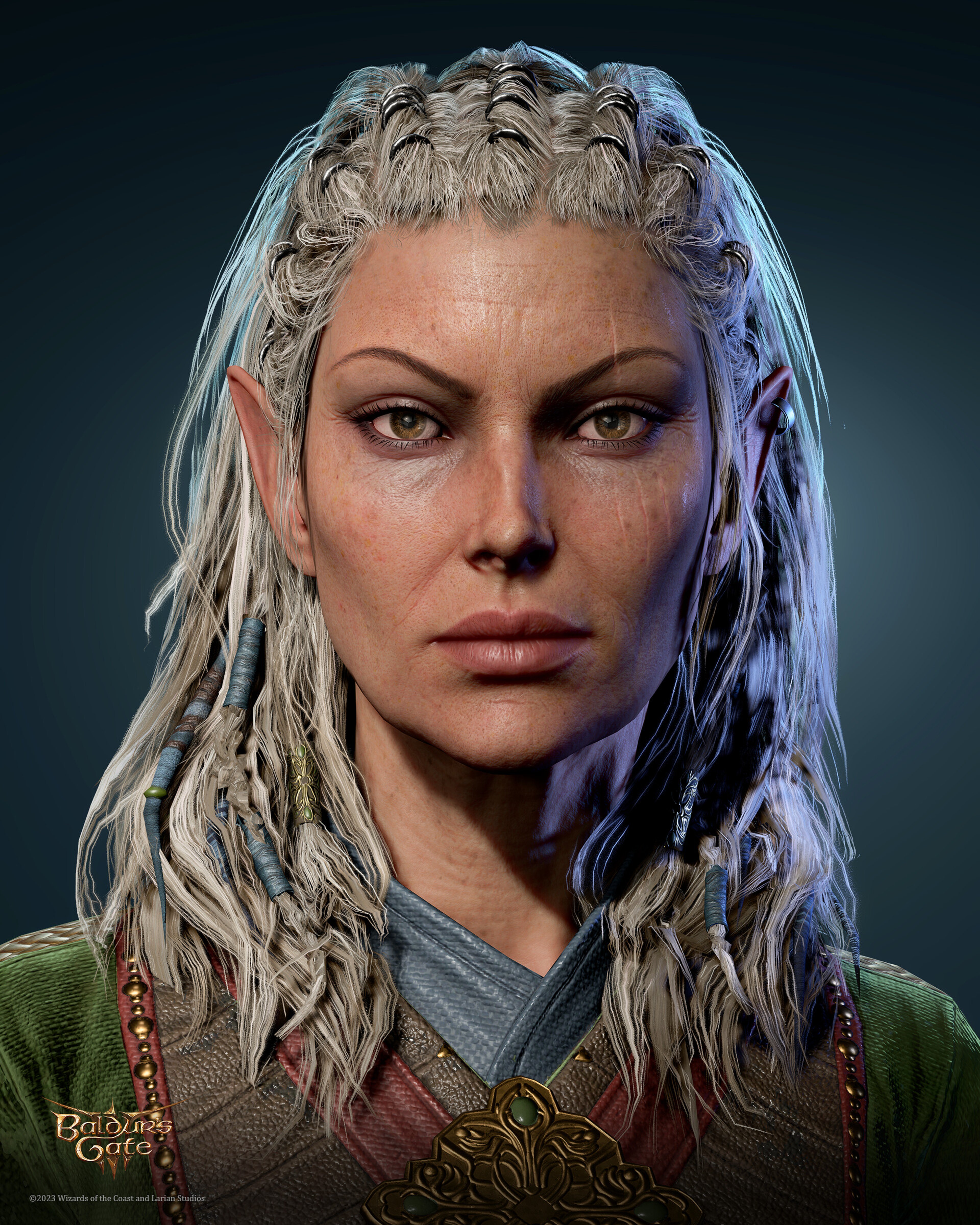 A half-elf woman with white hair and green eyes, wearing a green tunic and leather armor.