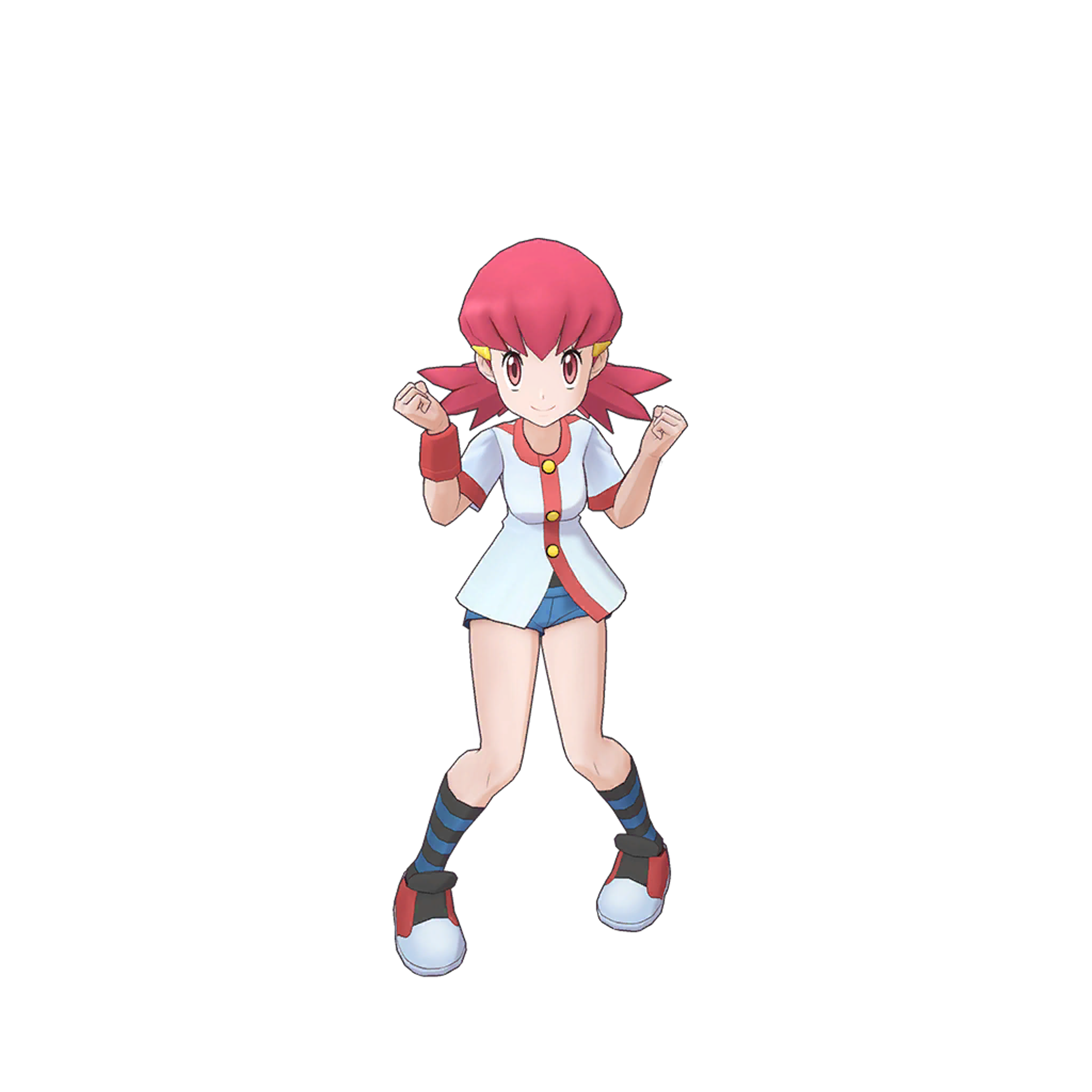 An anime-style character with pink hair in buns, wearing a white and blue outfit with a short skirt.