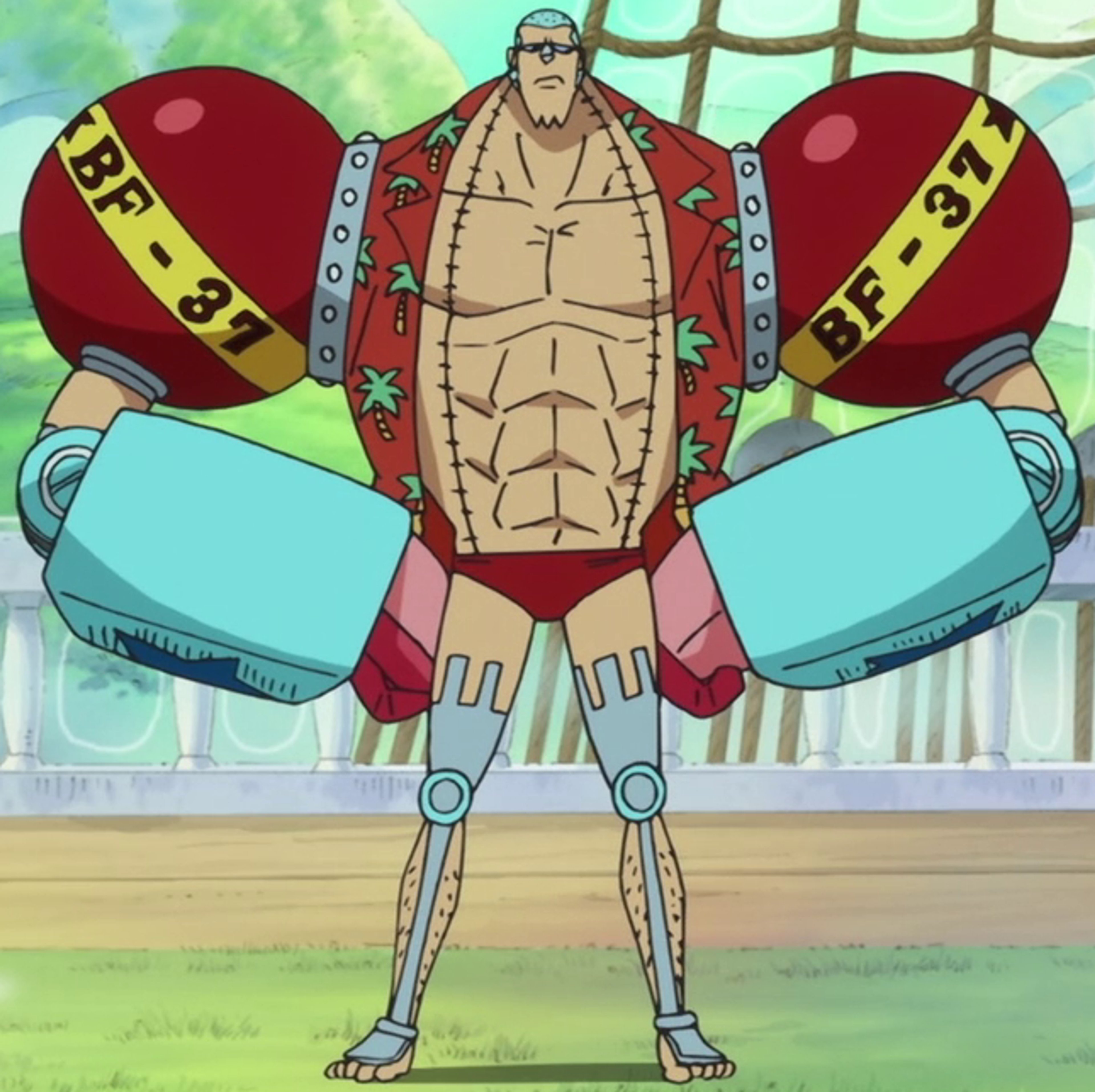 A muscular cyborg character with blue hair and robotic enhancements