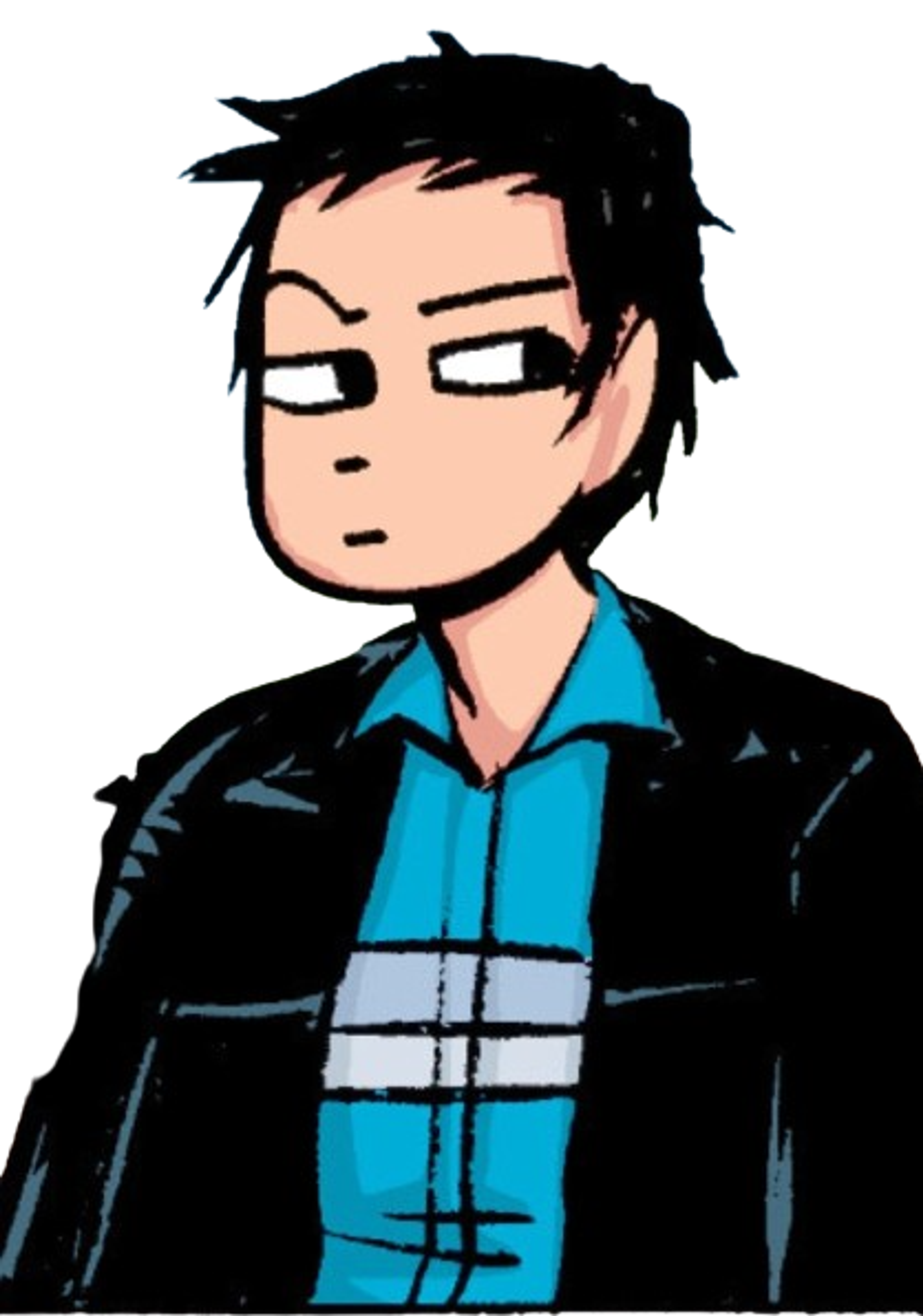 A young man with short dark hair wearing a blue plaid shirt and black jacket, with a sarcastic expression