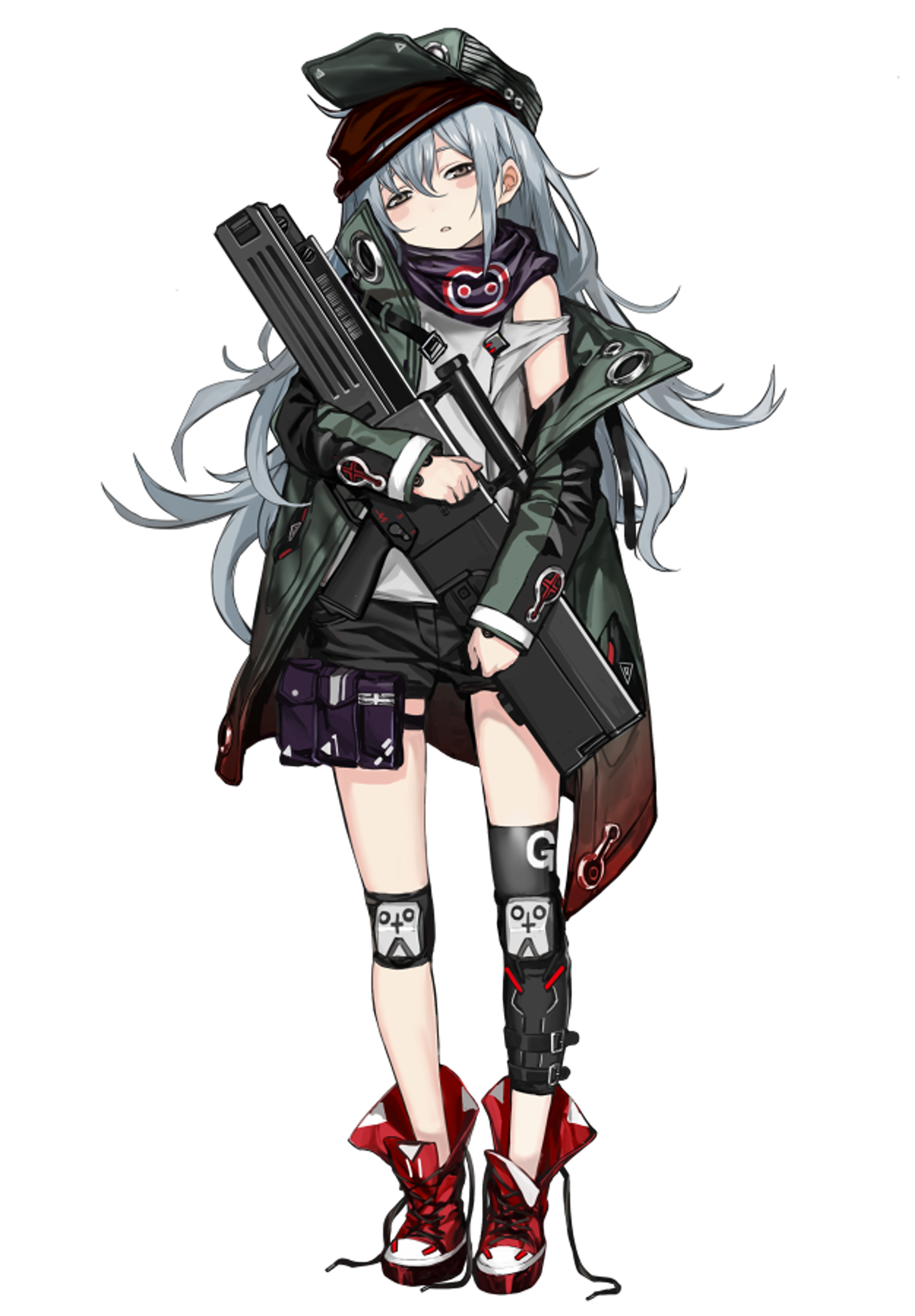 An anime-style character with light blue twin-tailed hair, wearing a modified school uniform with tactical accessories, and a sleepy expression.