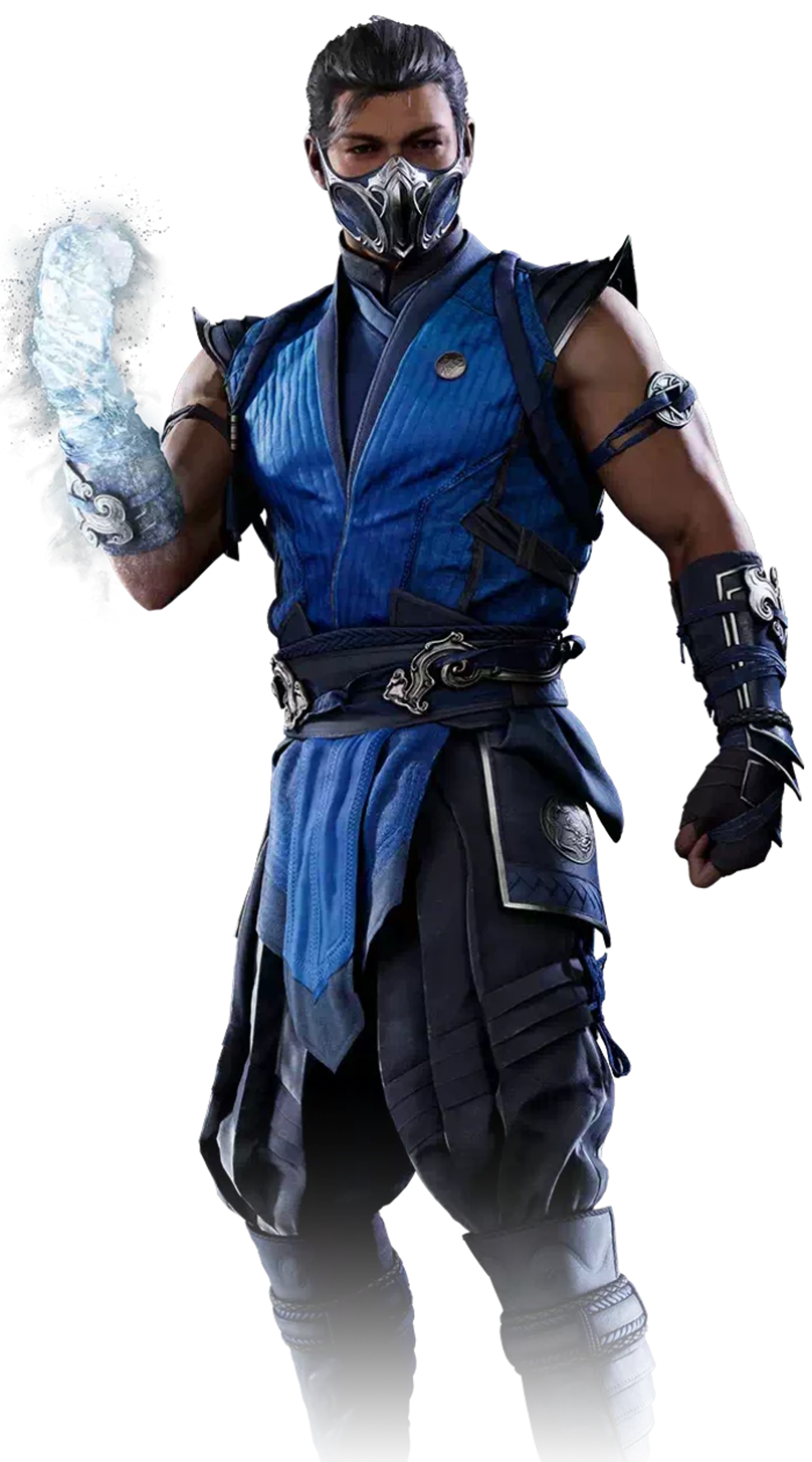 A male character in a blue and black outfit with ice-based powers