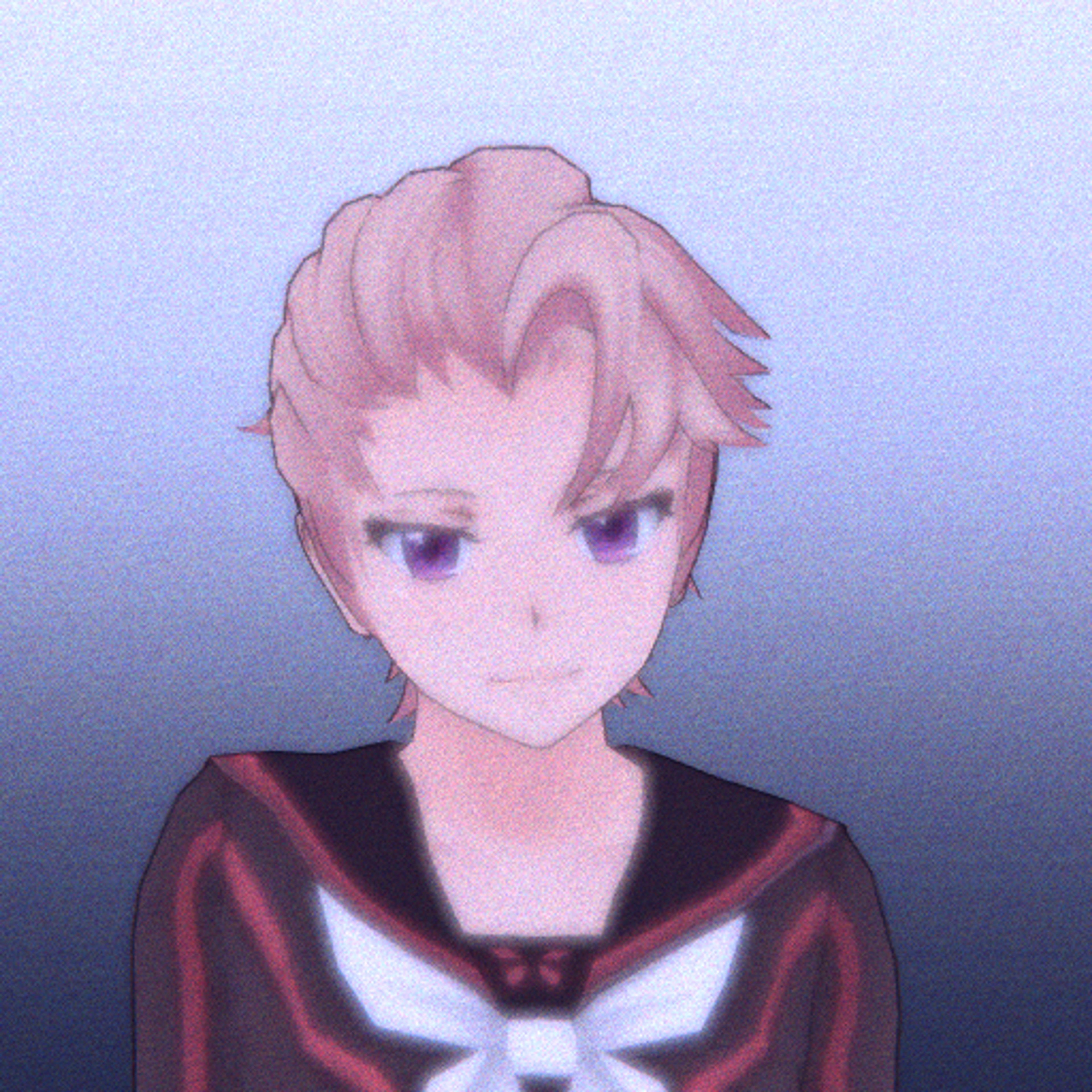 A young woman with pale blonde hair and purple eyes wearing a 1980s school uniform