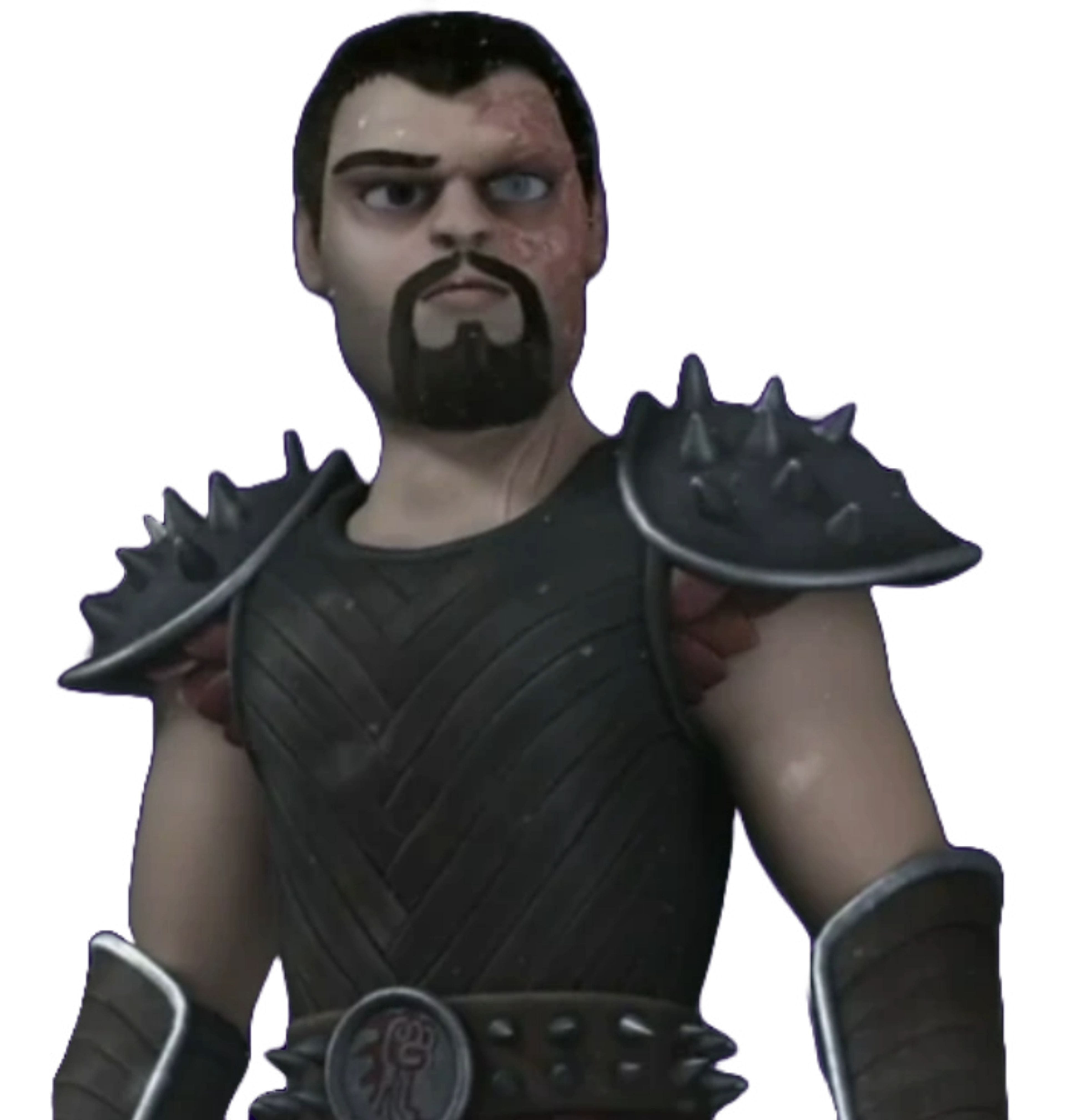 A muscular, bearded man with spikes on his shoulders and arms, wearing dark clothing and having a stern expression