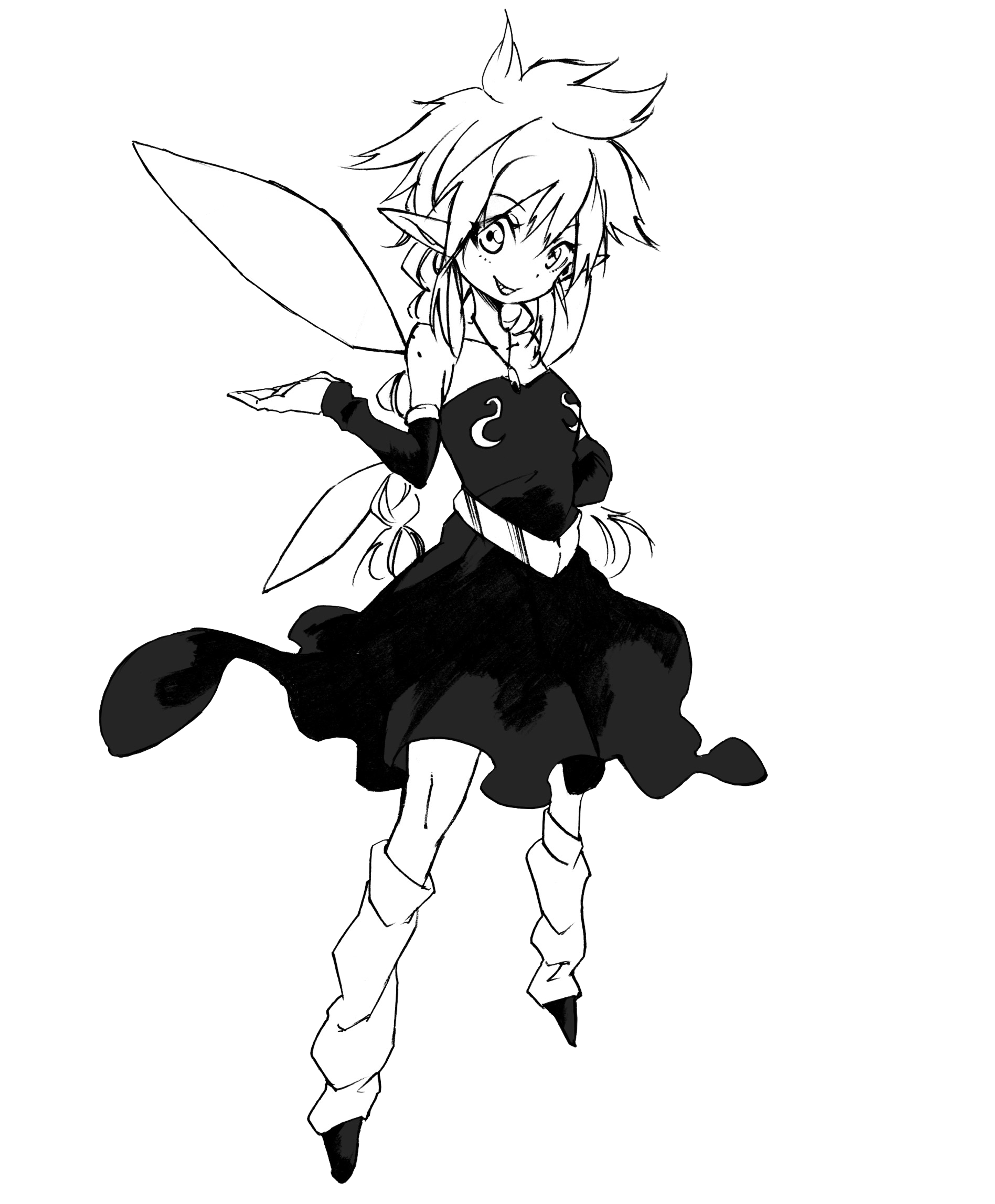 A small, fairy-like female character with blonde pigtails and a black dress