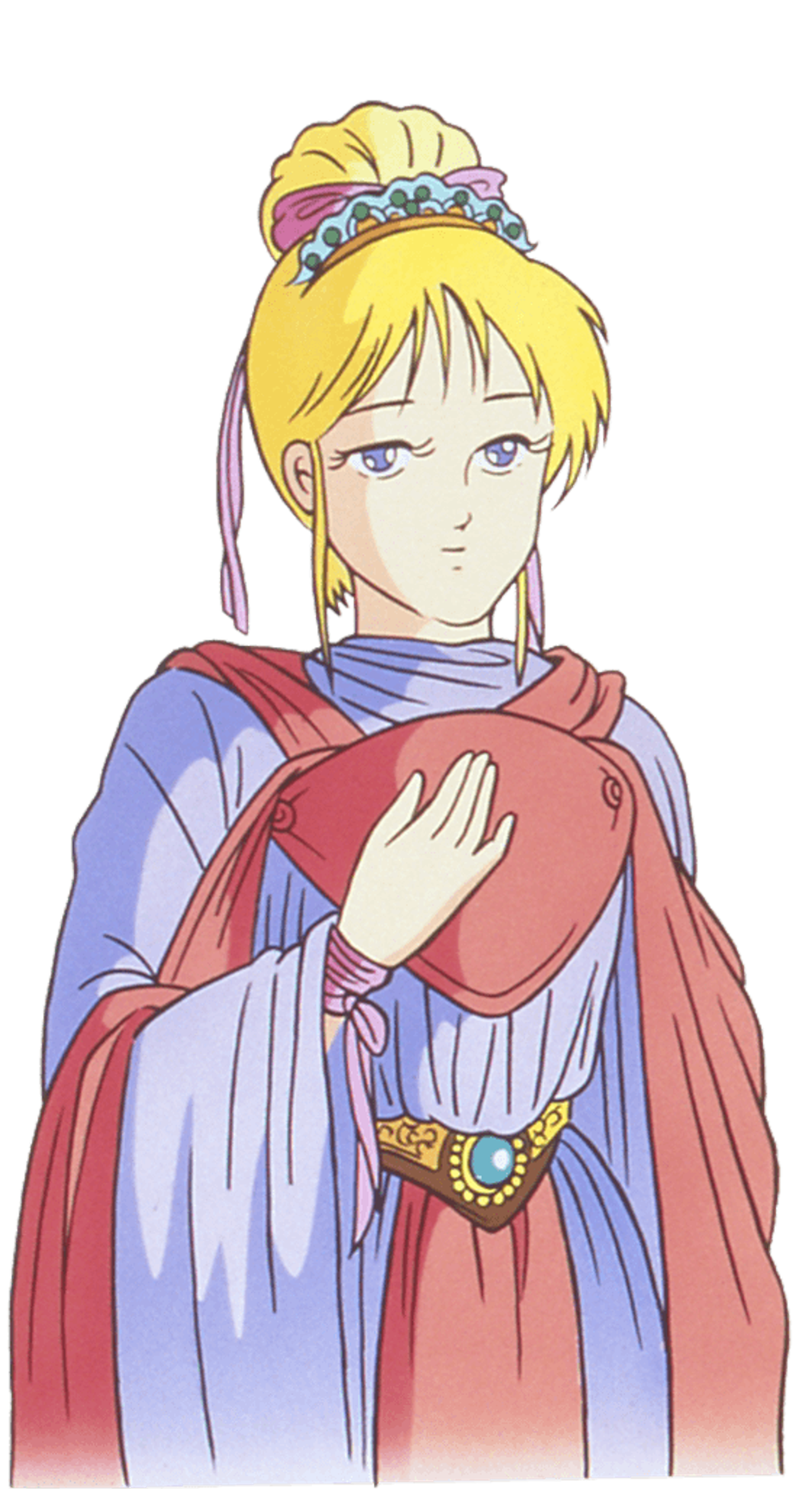An anime-style character with long blonde hair and a red and blue robe or dress, holding their hands in a gesture of prayer or supplication.