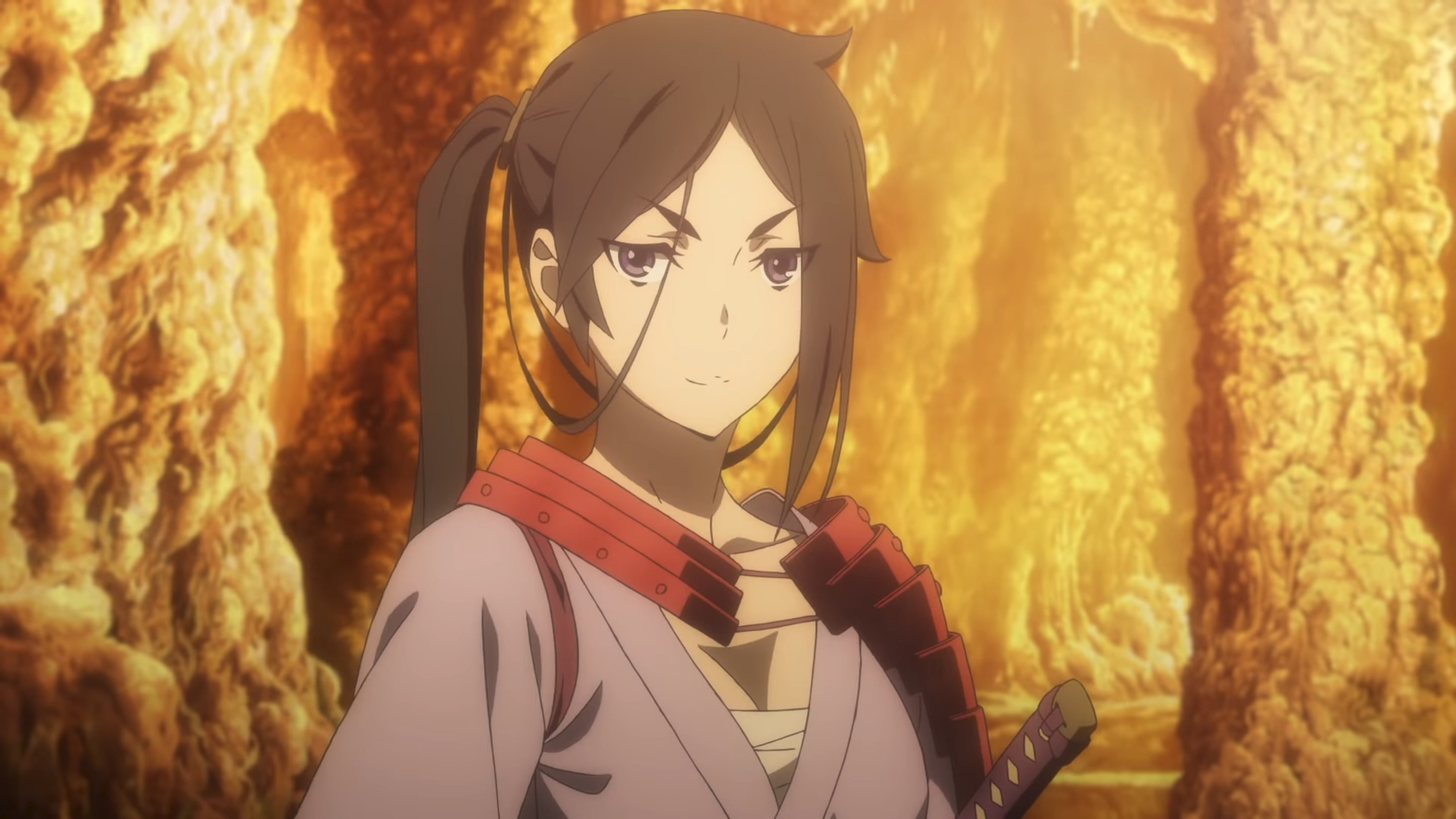 A young woman in traditional Japanese attire holding a katana sword