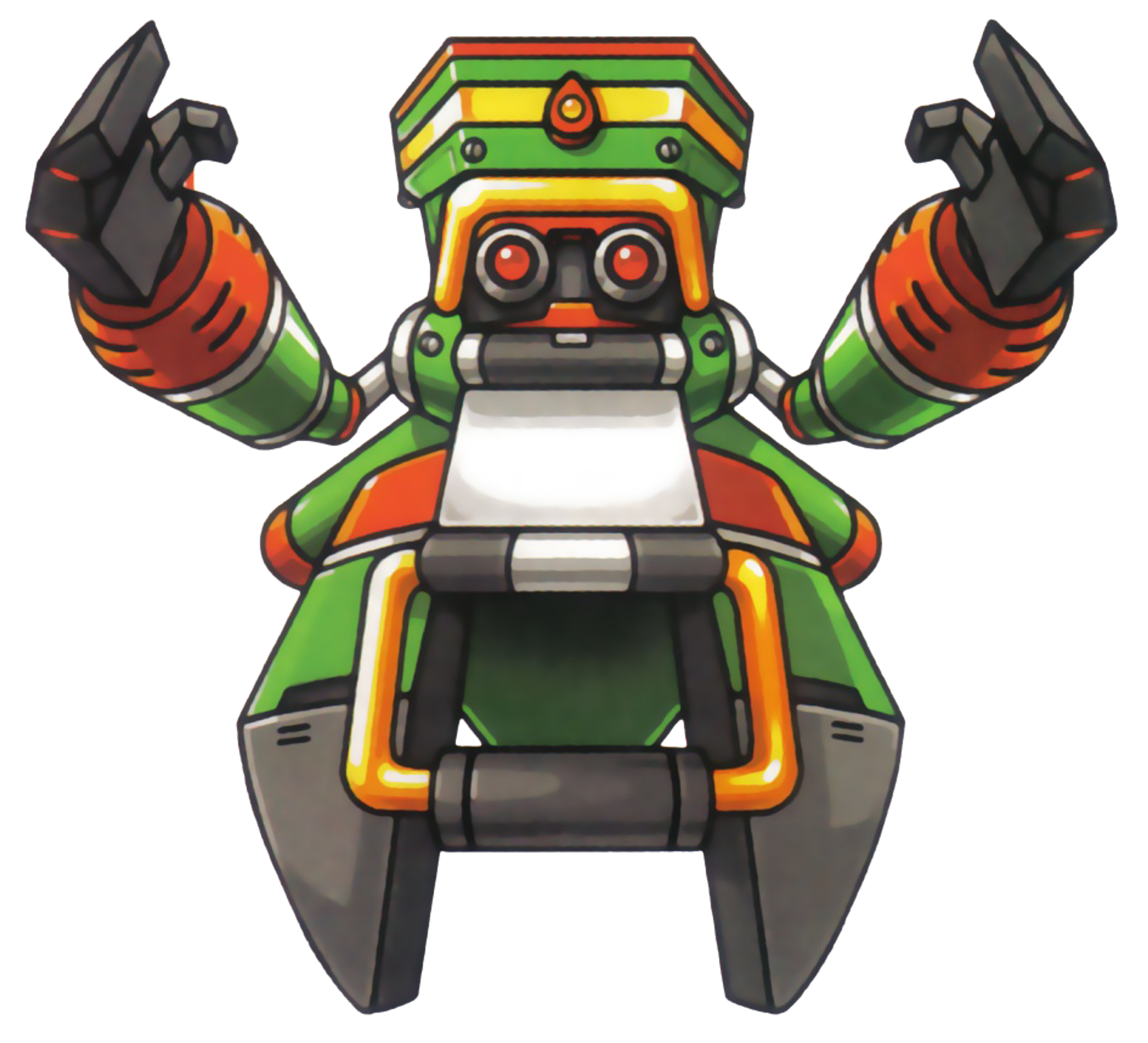 A green, hovering robot with a trashcan-like head and extending arm-punch mechanism