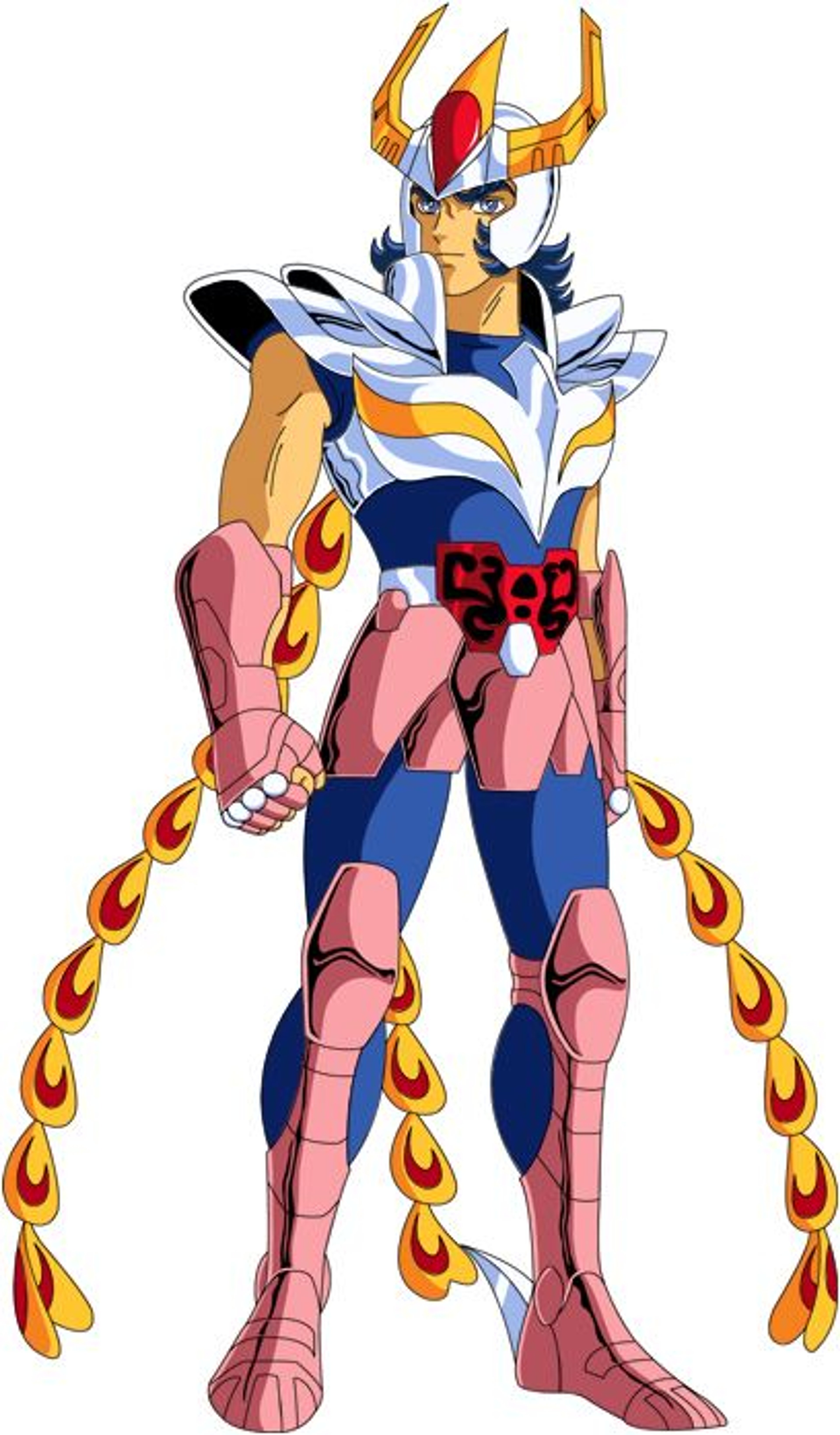 A powerful, armored male character with spiky blue hair and a red helmet, wearing a red and blue bodysuit with flame-like designs.