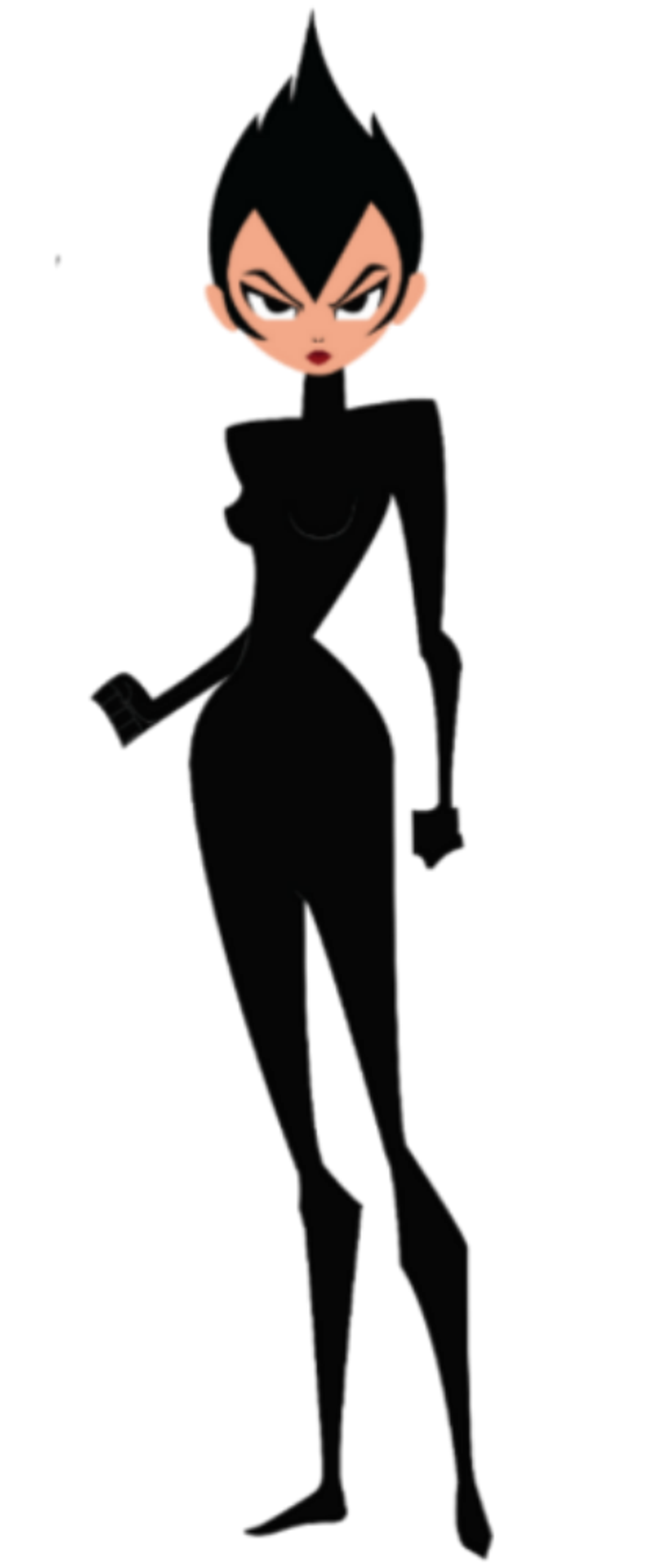 A female character with pale skin, black hair, and a red tattoo on her back, wearing a black bodysuit.