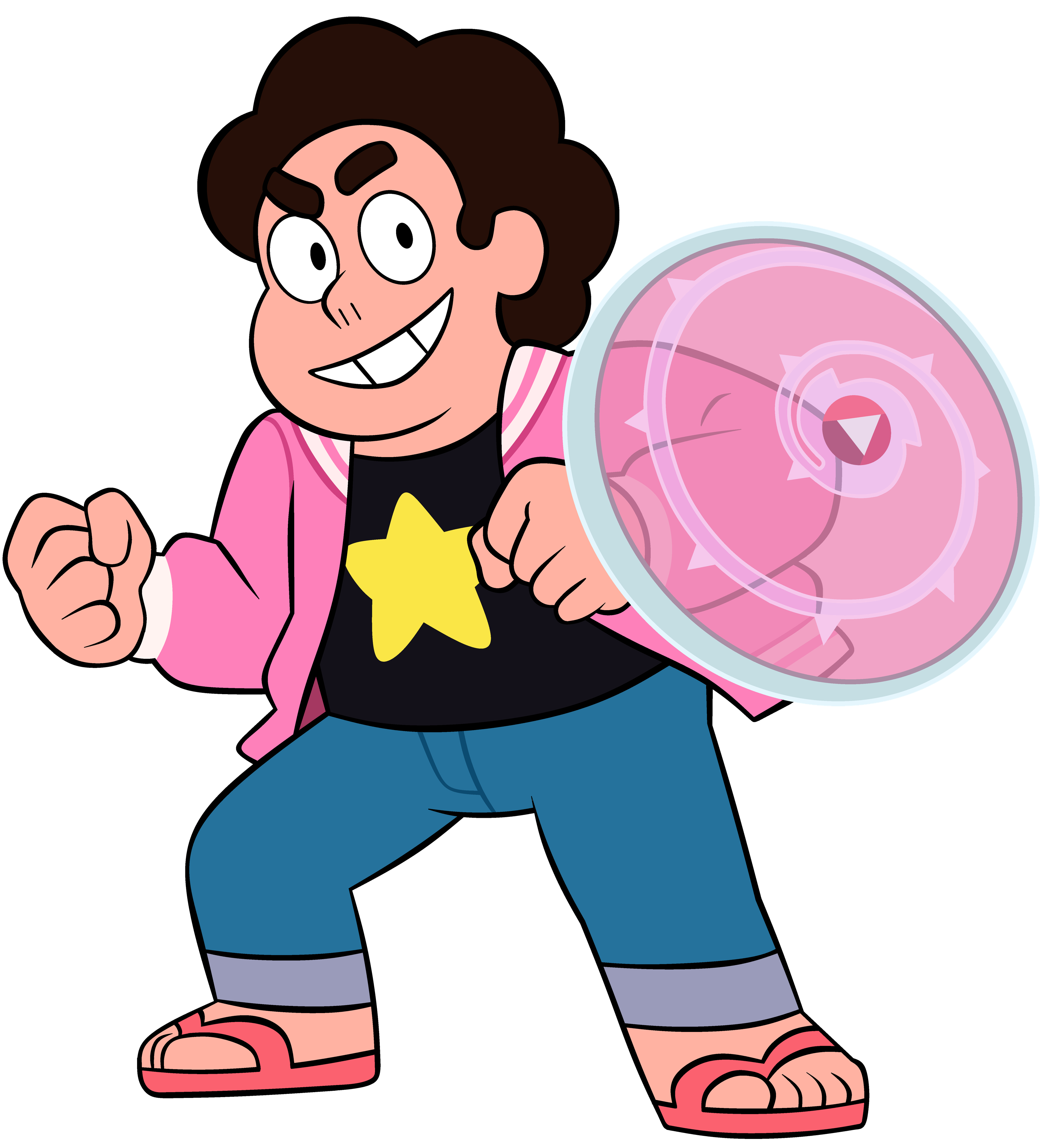 A cartoon character with curly brown hair, a pink shirt, and blue jeans holding a pink shield-like object.