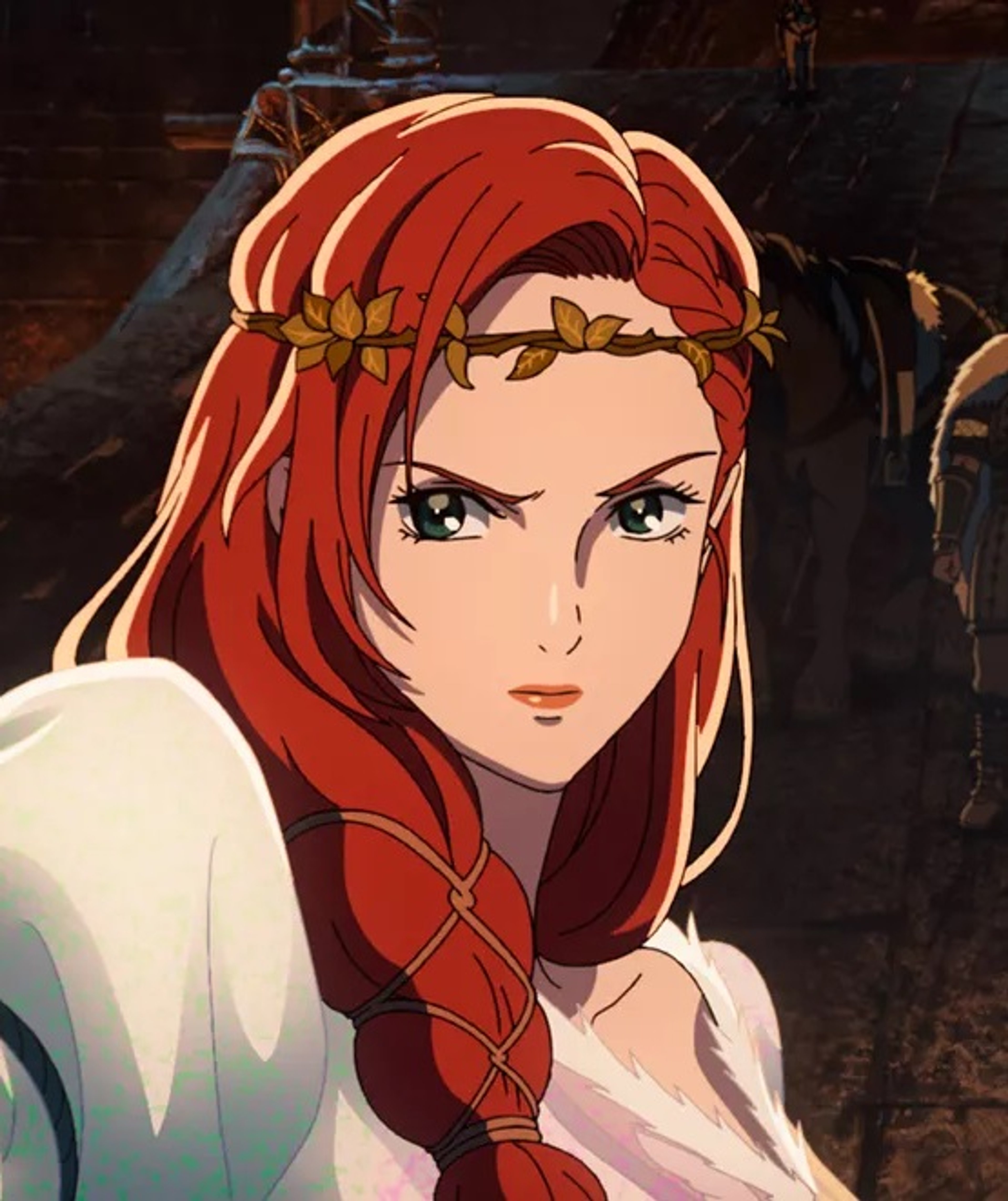 A young woman with red hair and green eyes wearing a white dress and red cloak