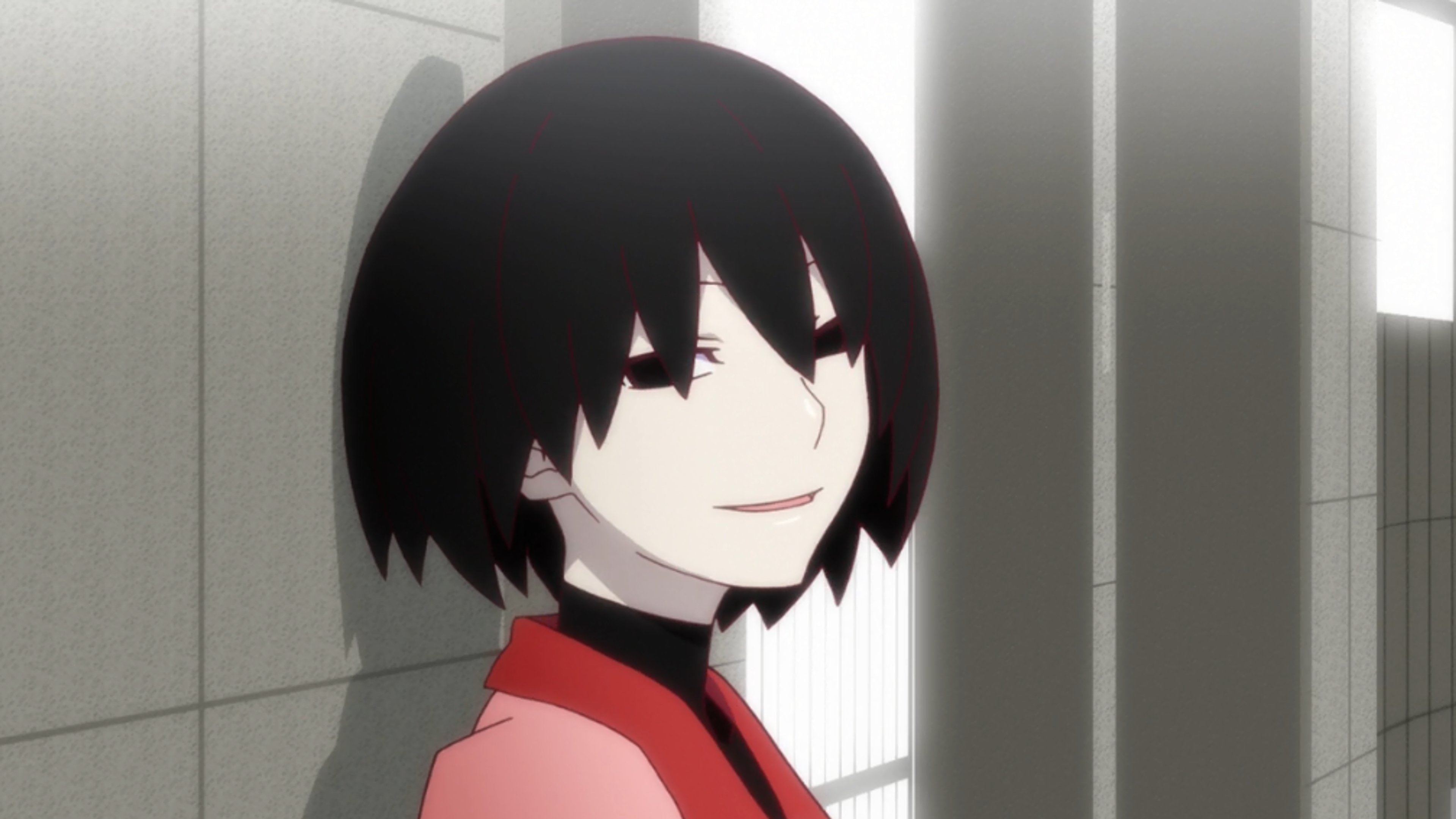 An anime-style character with short dark hair wearing a red jacket