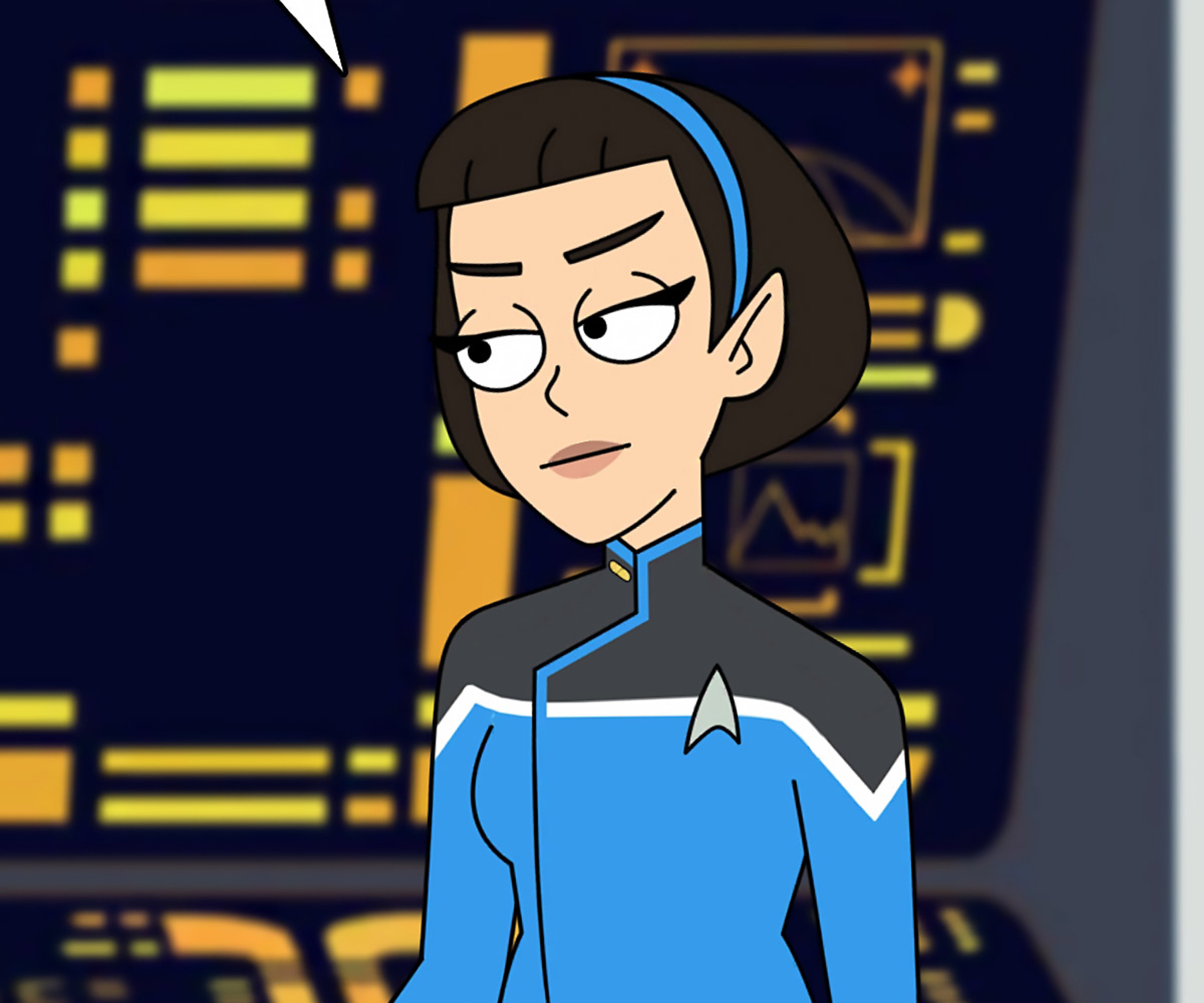 A Vulcan Starfleet science officer in a blue uniform
