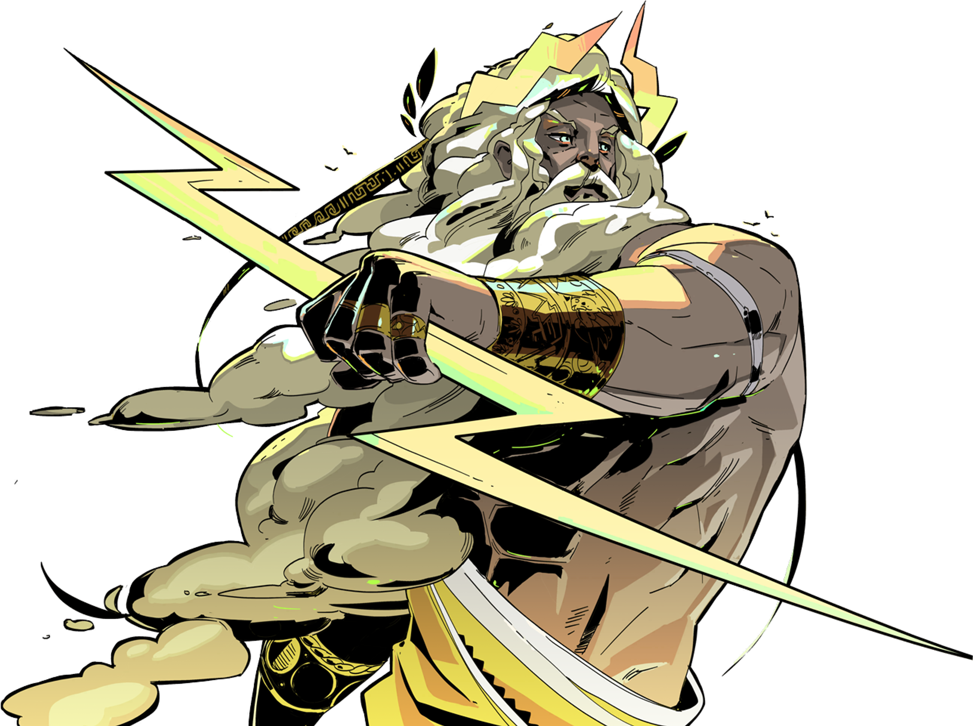 A powerful, imposing figure with white hair and beard, dressed in loose robes and carrying a lightning bolt.
