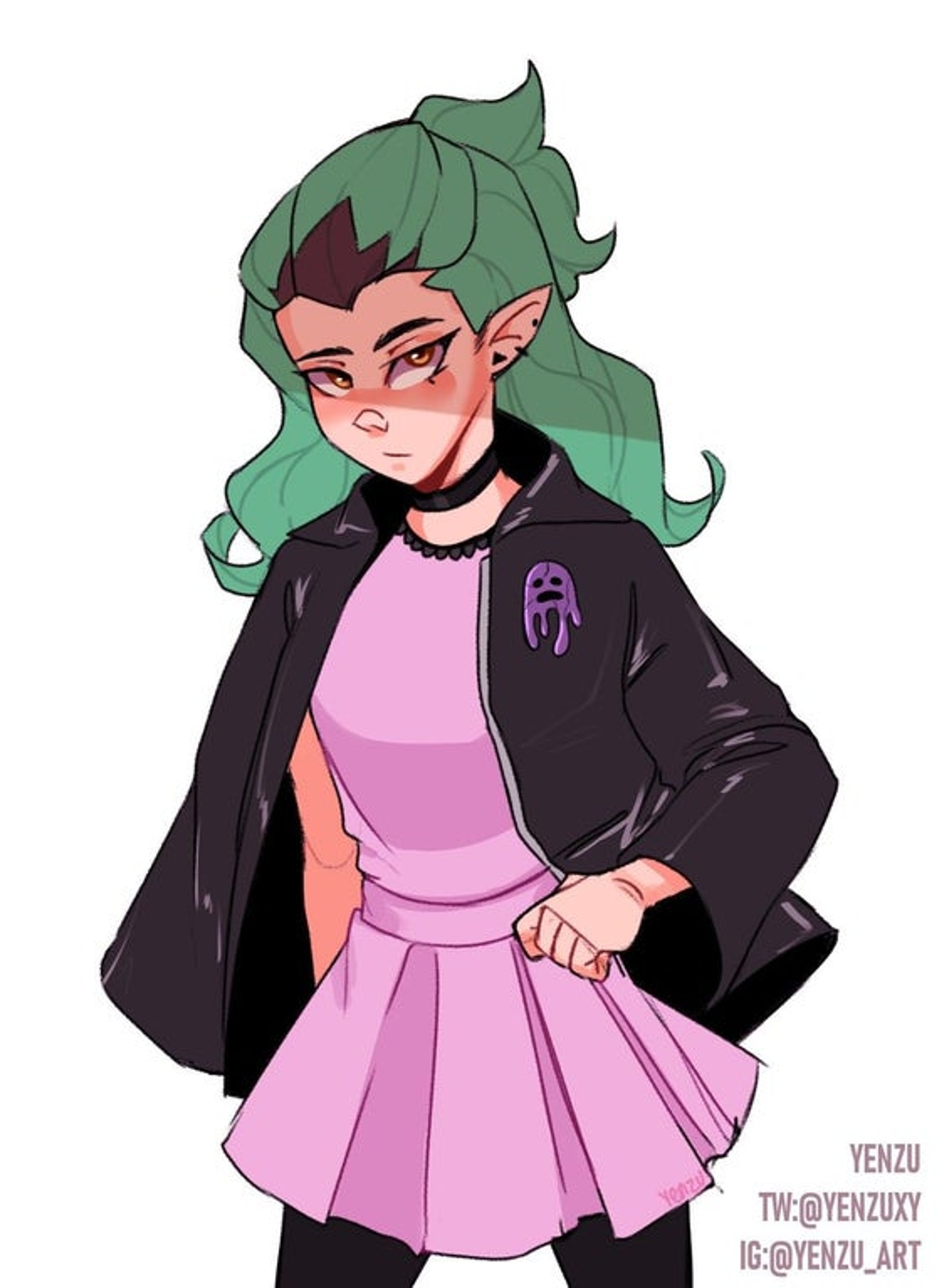 A young woman with green hair wearing a black jacket and pink dress