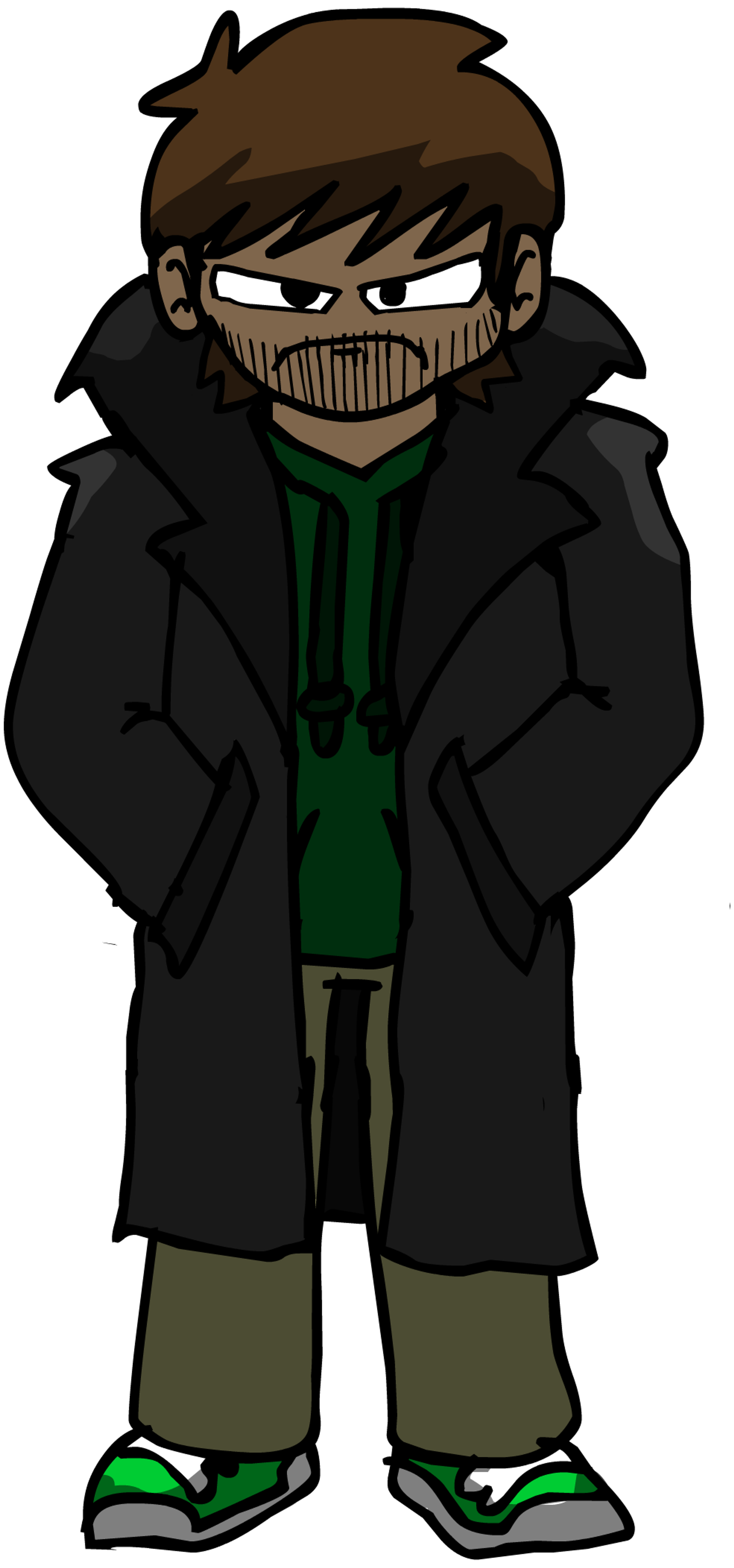 A cartoon character with a dark, sinister appearance wearing a long black coat