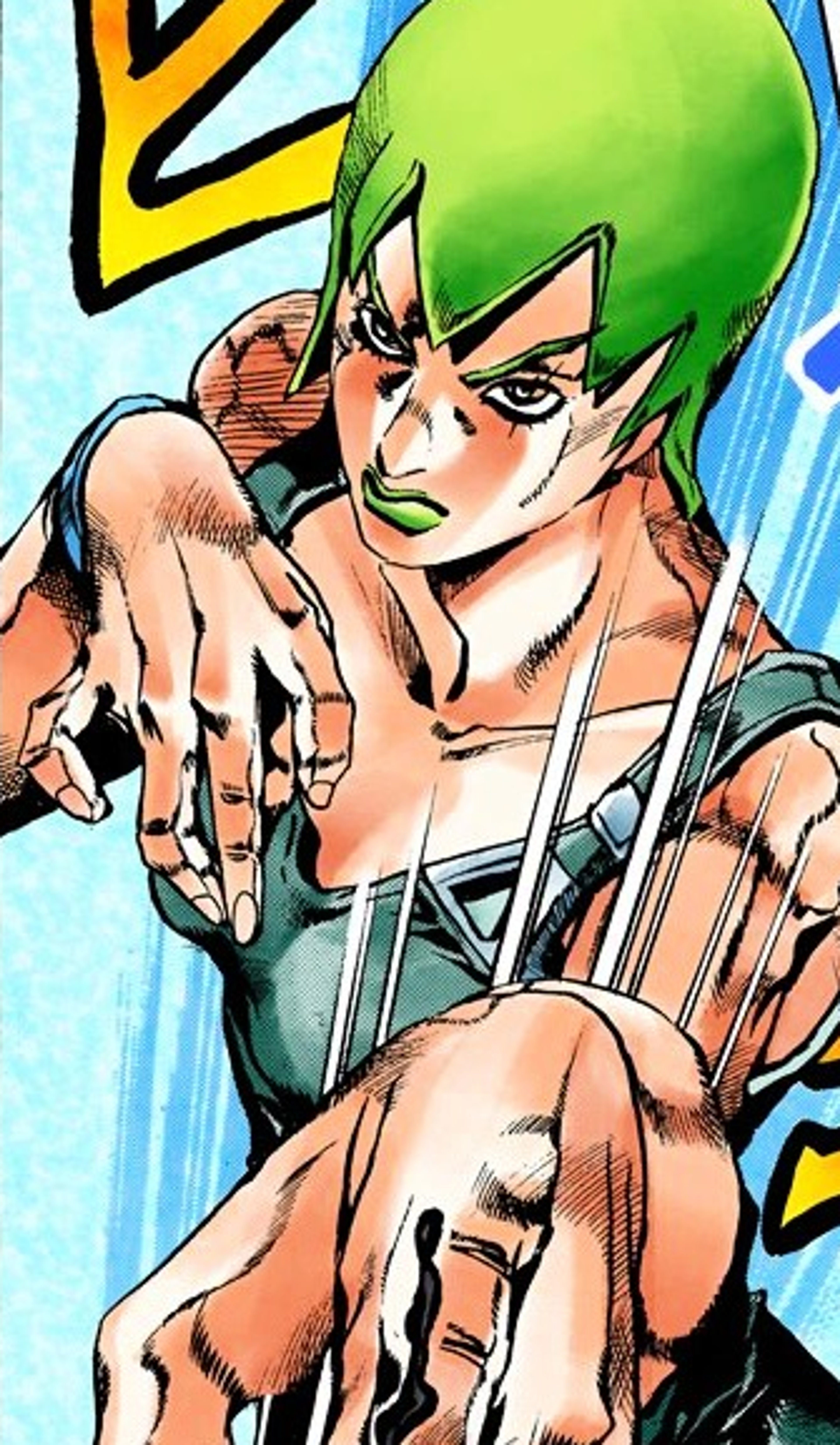 A muscular, shirtless character with green hair in an action pose