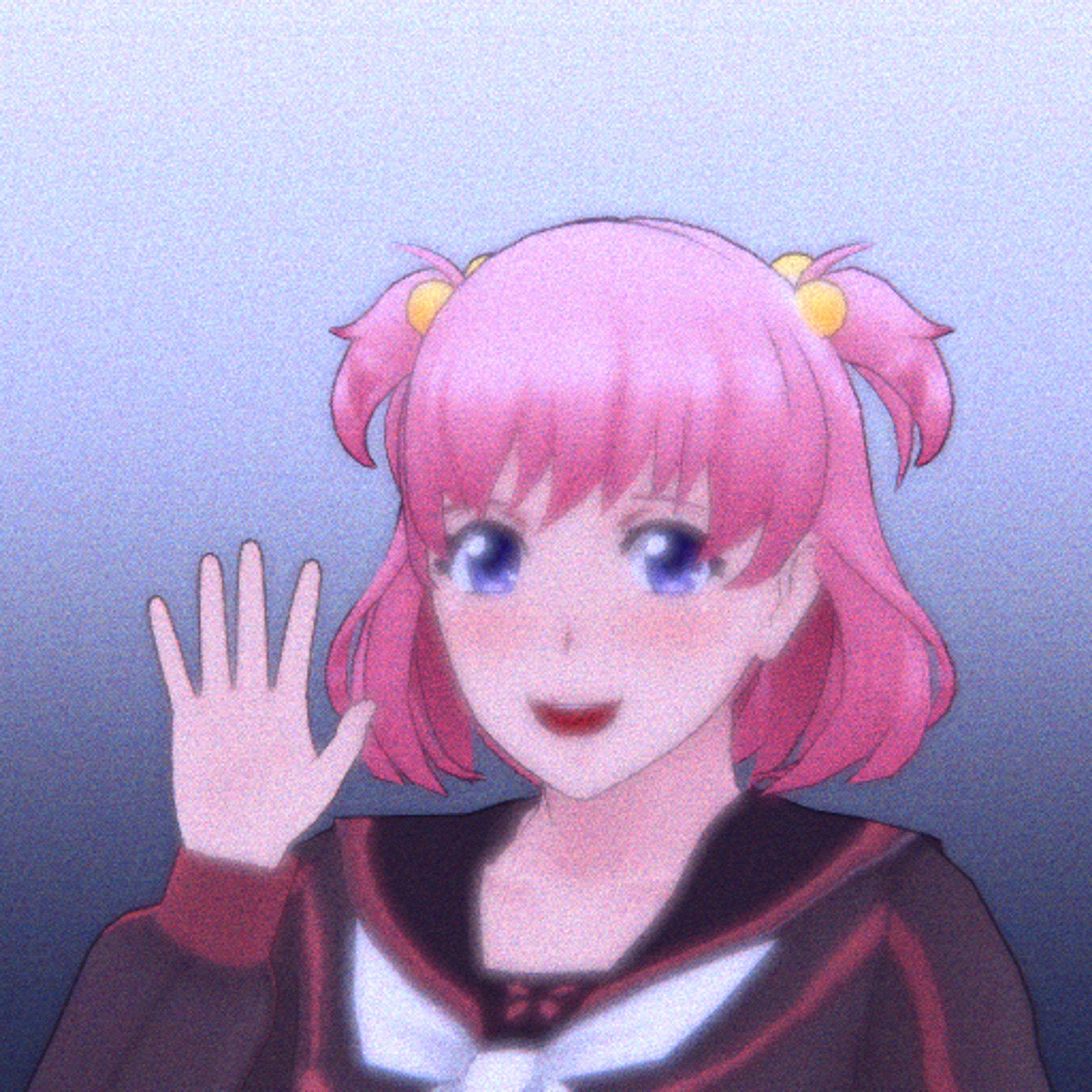 An anime-style character with pink hair and a friendly expression, wearing a school uniform.