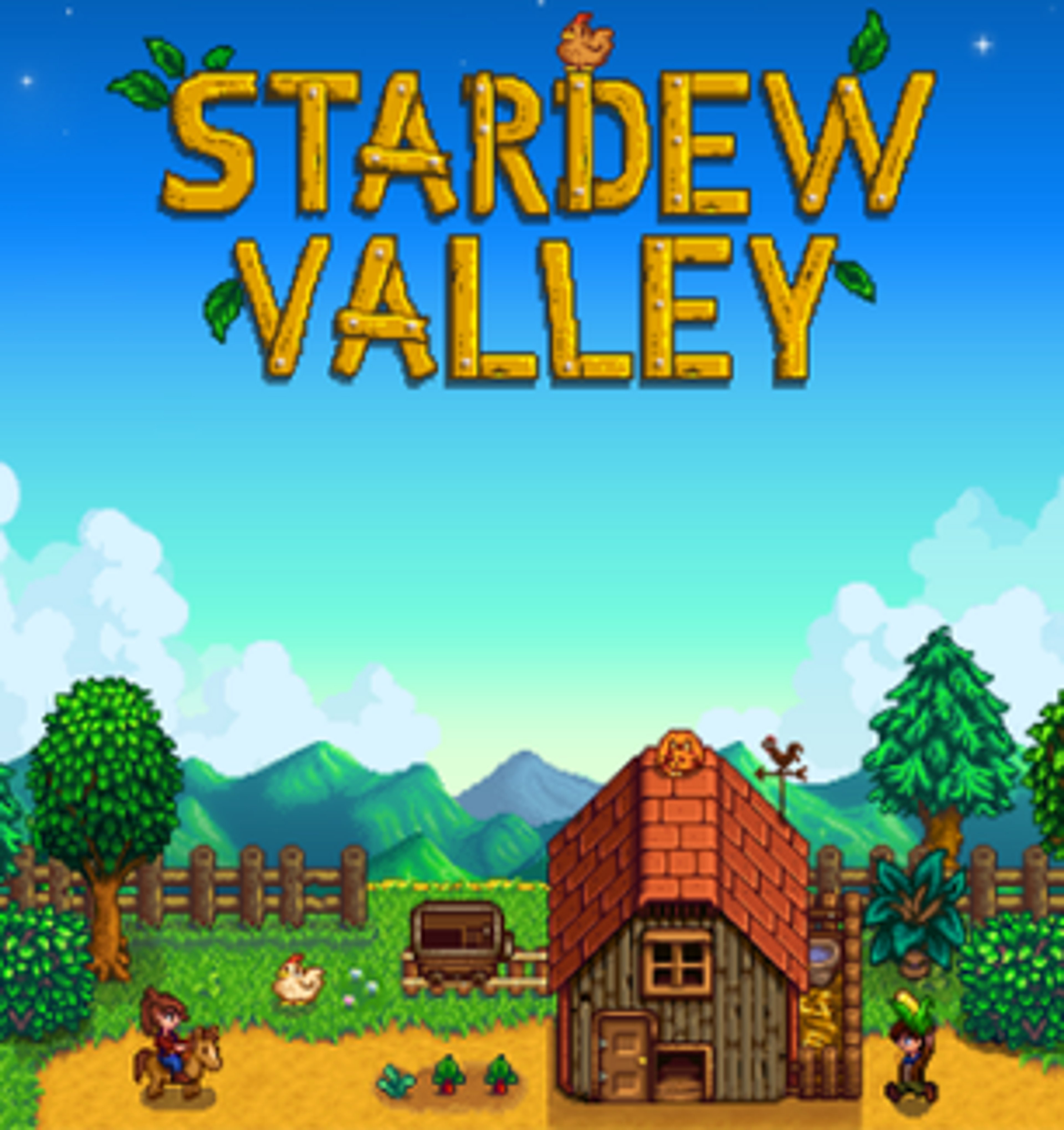 A detailed pixel art scene of a rural farming community called Stardew Valley, with the main character Alex standing in front of a small farmhouse.