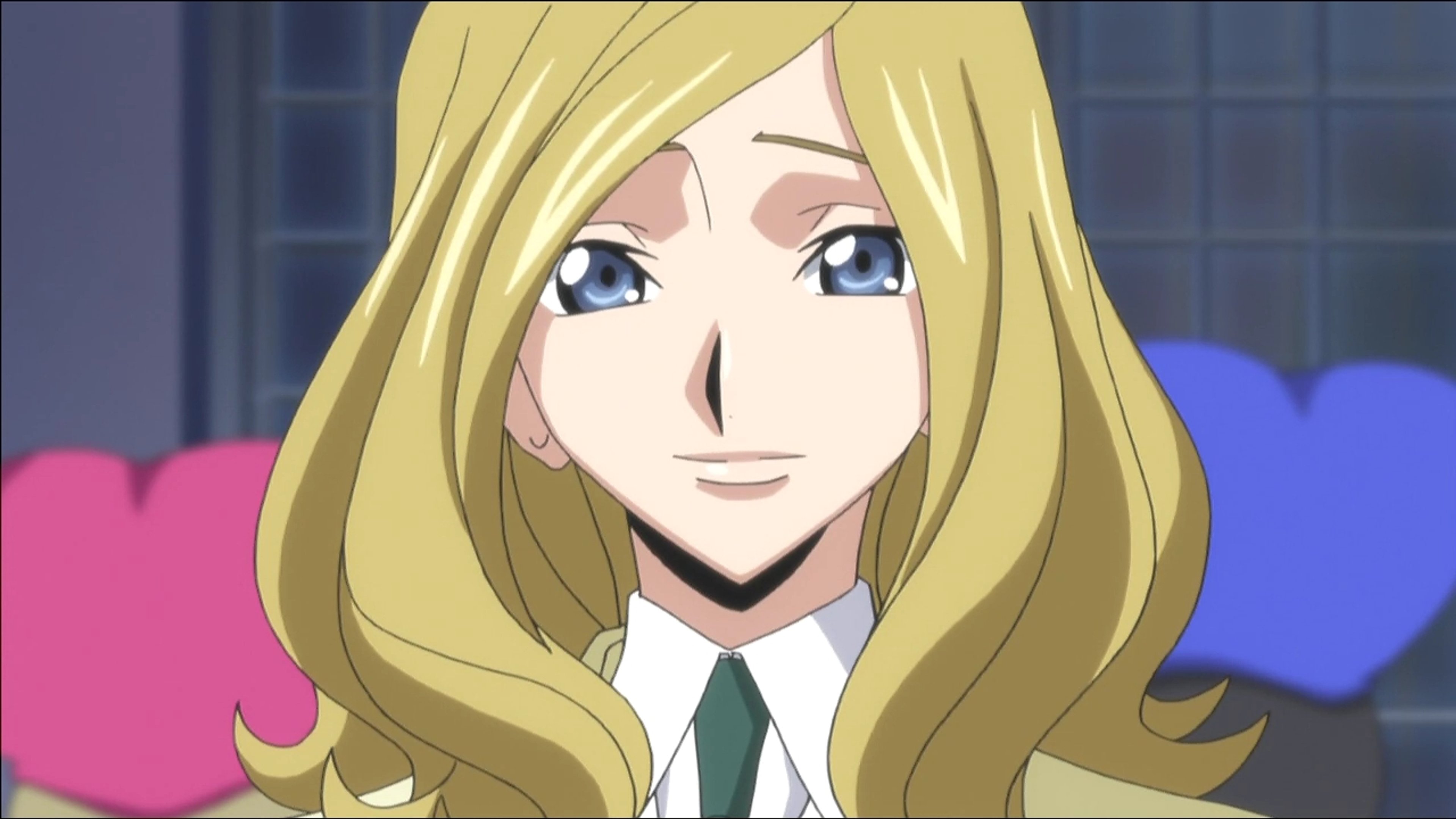 An anime-style character with long blonde hair, blue eyes, and a cheerful expression wearing a green school uniform.