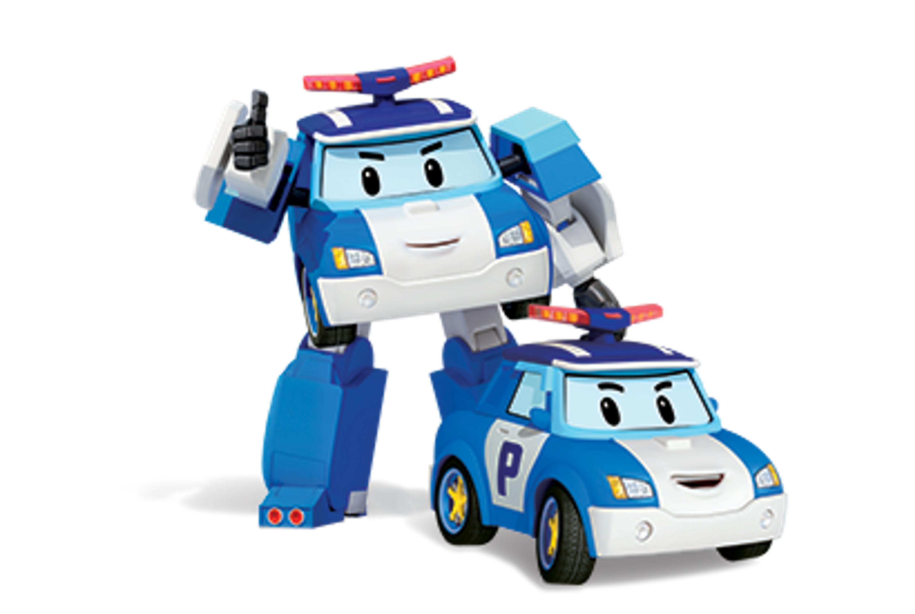 A blue police car-like vehicle that can transform into a humanoid robot