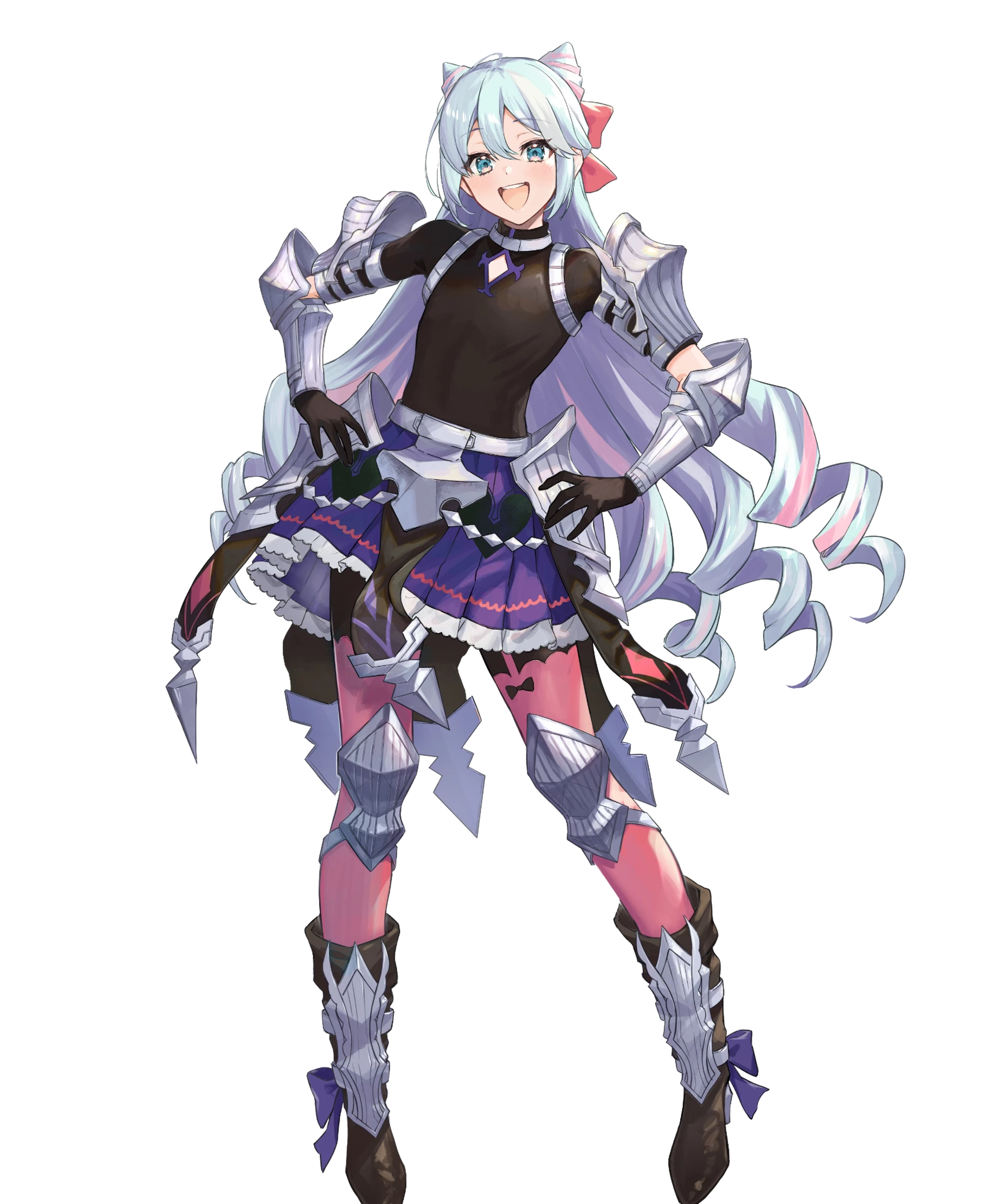 An anime-style character with pink hair and a cheerful expression, wearing a purple and black outfit with armor elements.