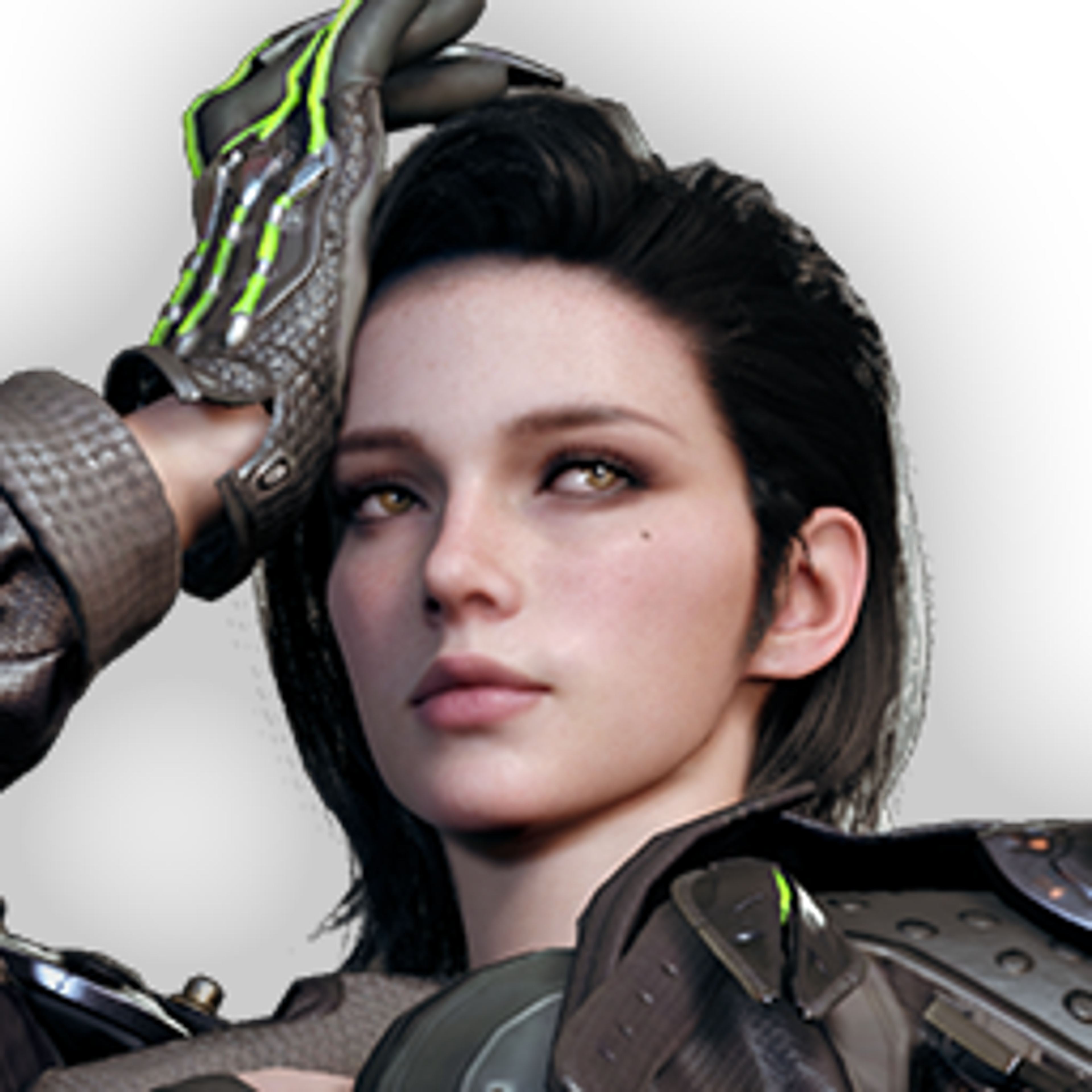 A young woman with dark hair wearing a dark outfit with armor-like elements, looking serious and determined.