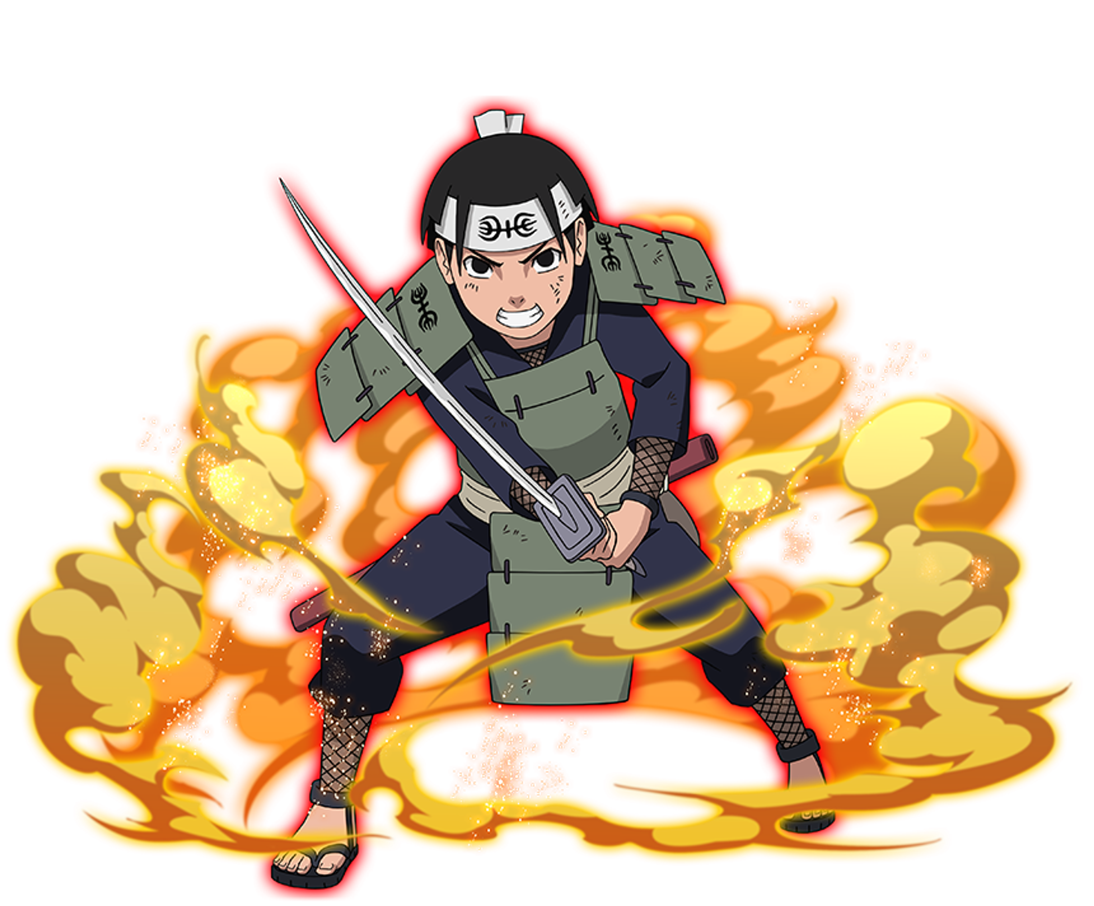 An anime character with long brown hair, a red headband, and a green flak jacket, surrounded by flames and explosions.