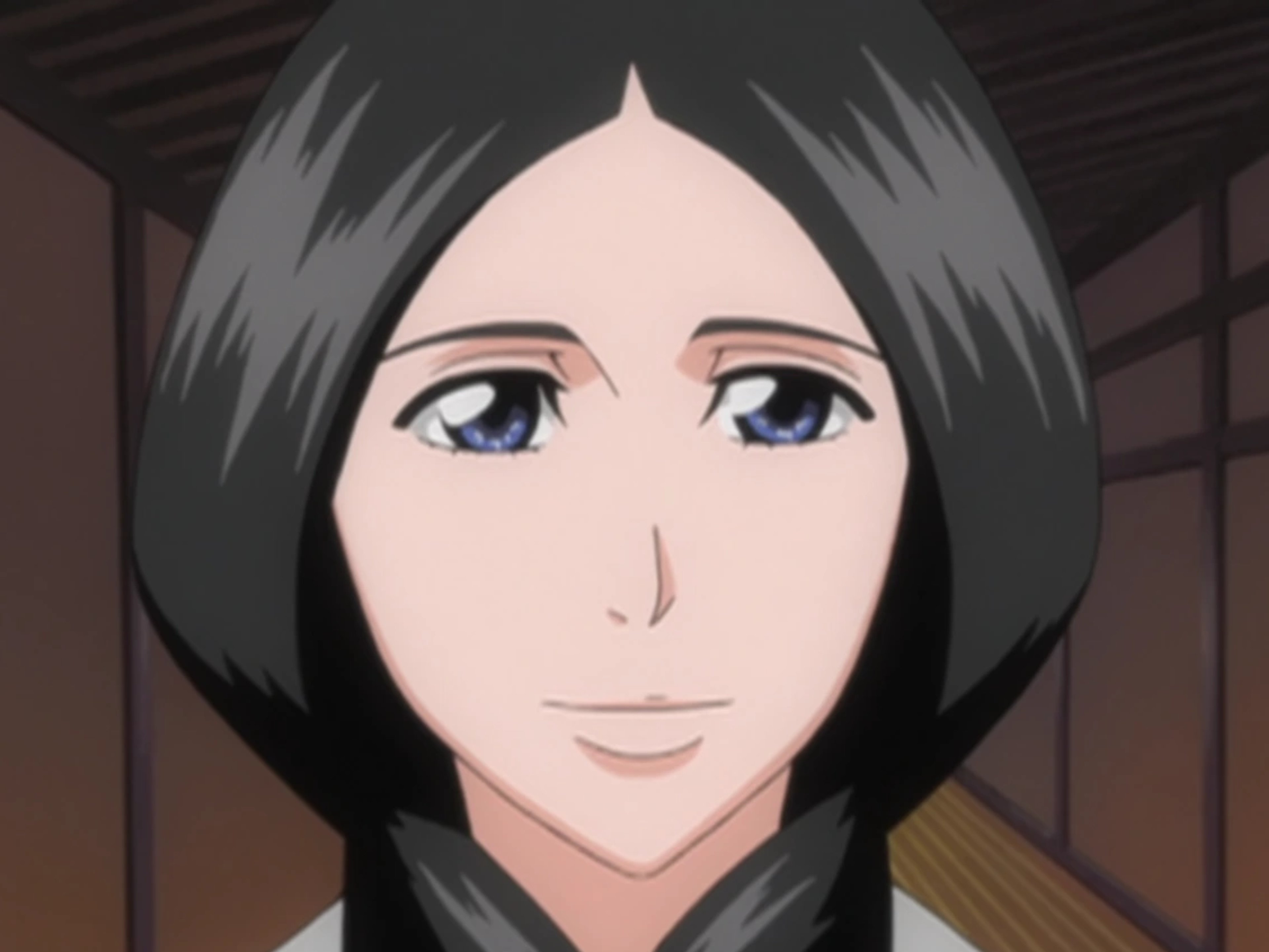 An anime-style illustration of a woman with long dark hair wearing a white robe or uniform