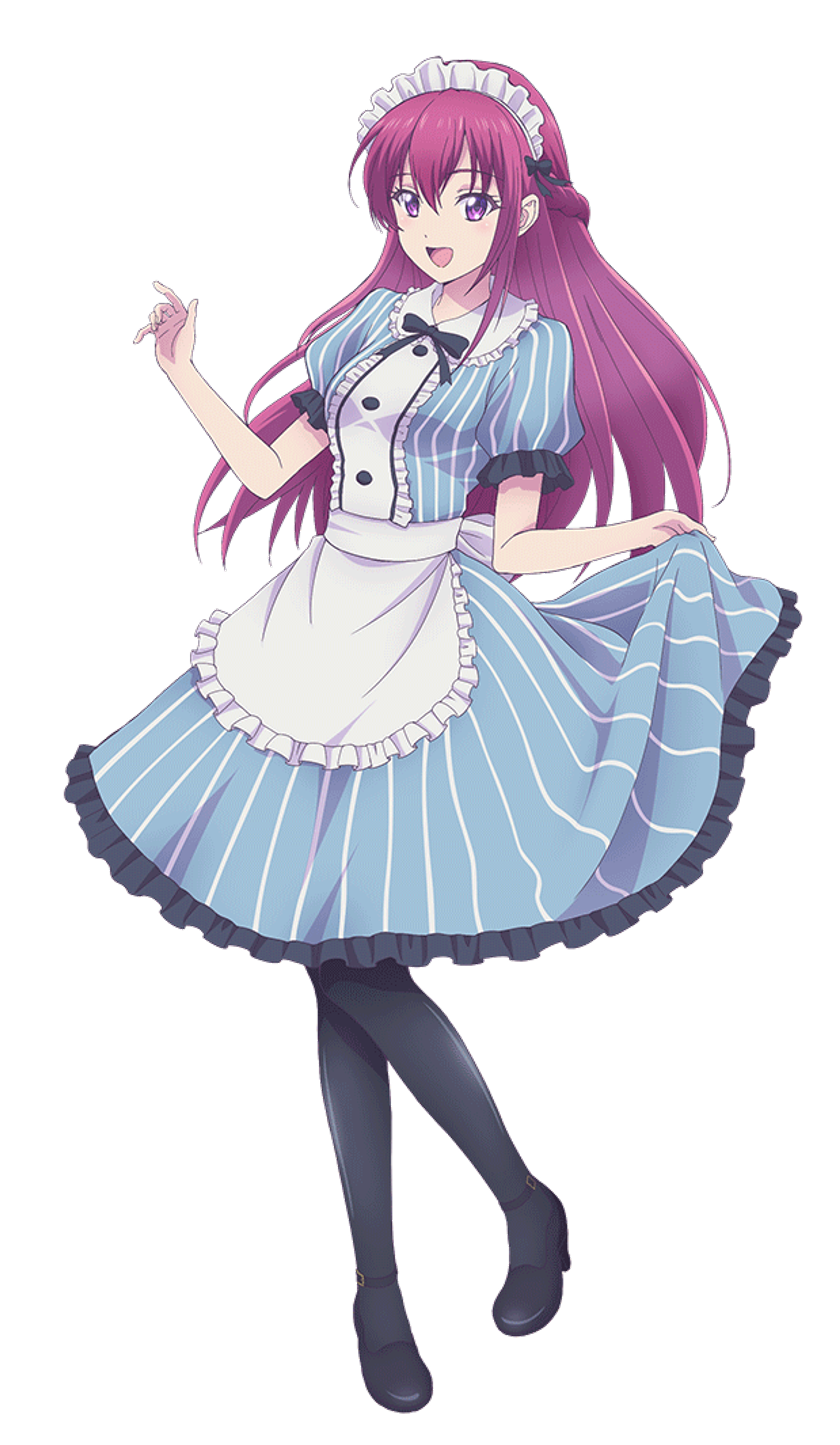 A young woman in a maid-style outfit with purple twin-tailed hair making a playful hand gesture.