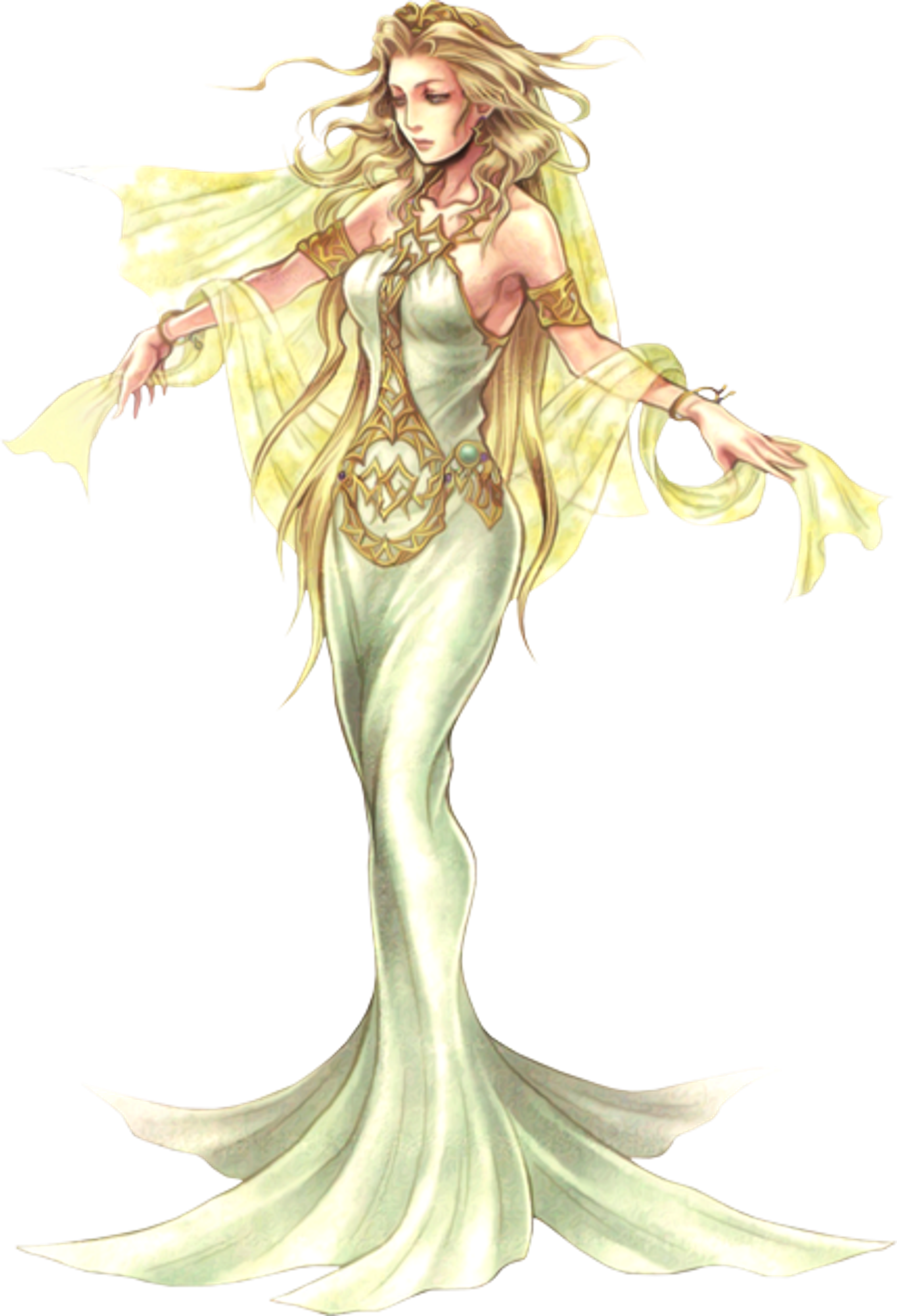 A beautiful female character with long blonde hair, wearing an elegant white dress with golden accents.