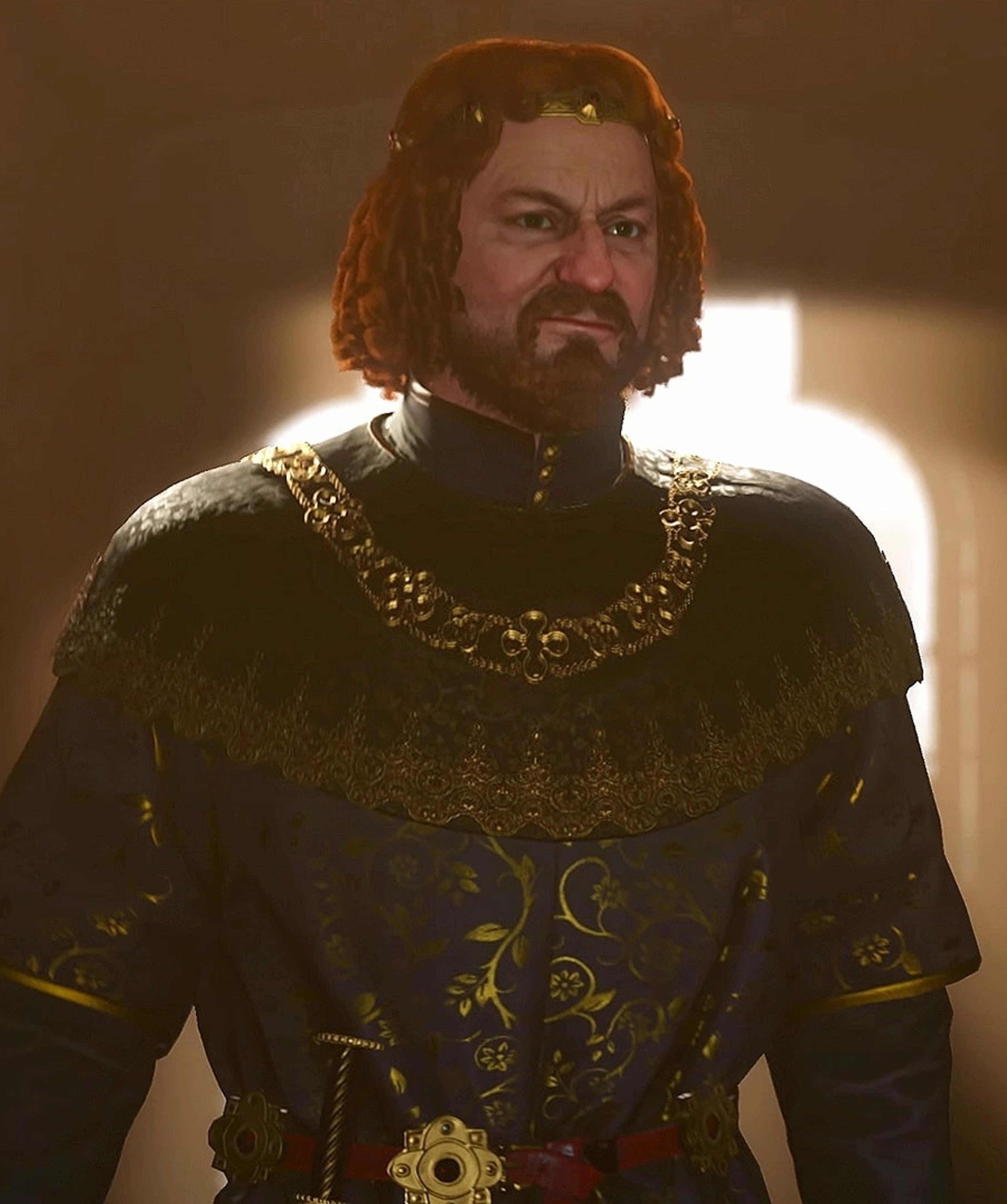A medieval ruler with a long beard and ornate clothing