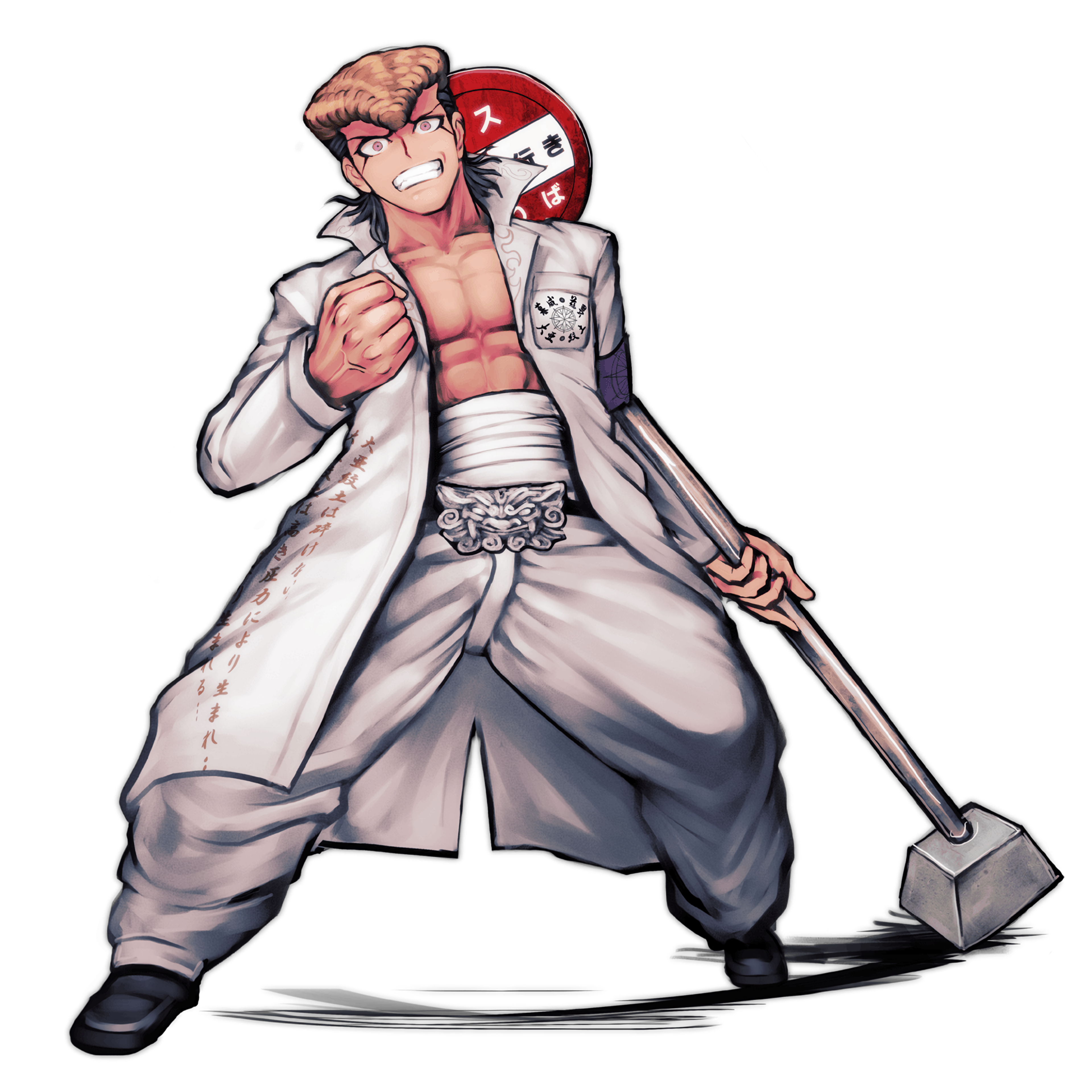 An anime-style character with a muscular, shirtless upper body and a fierce expression, holding a weapon or tool.