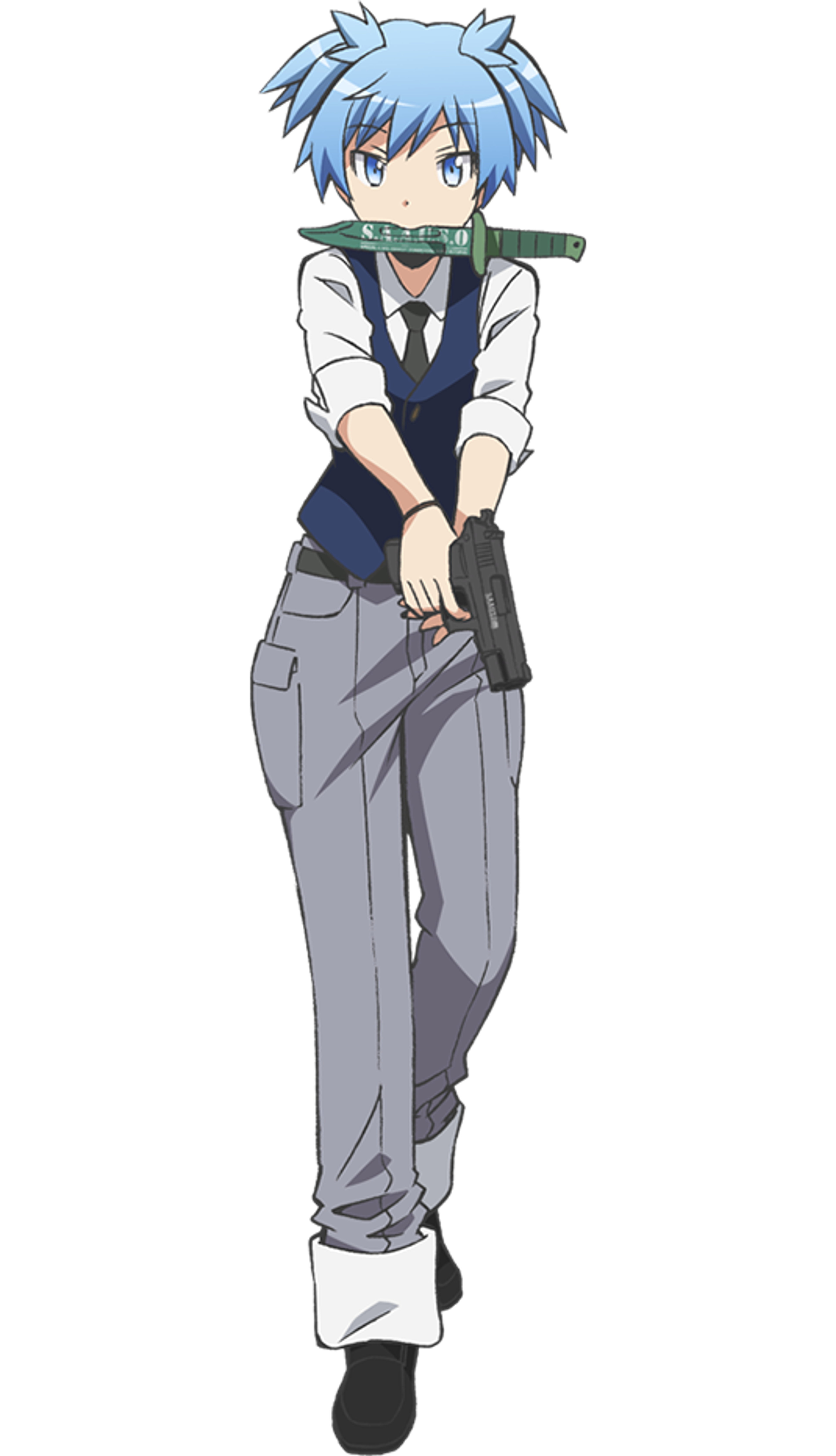 An anime-style character with blue hair in pigtails, wearing a school uniform and holding a sharp object.