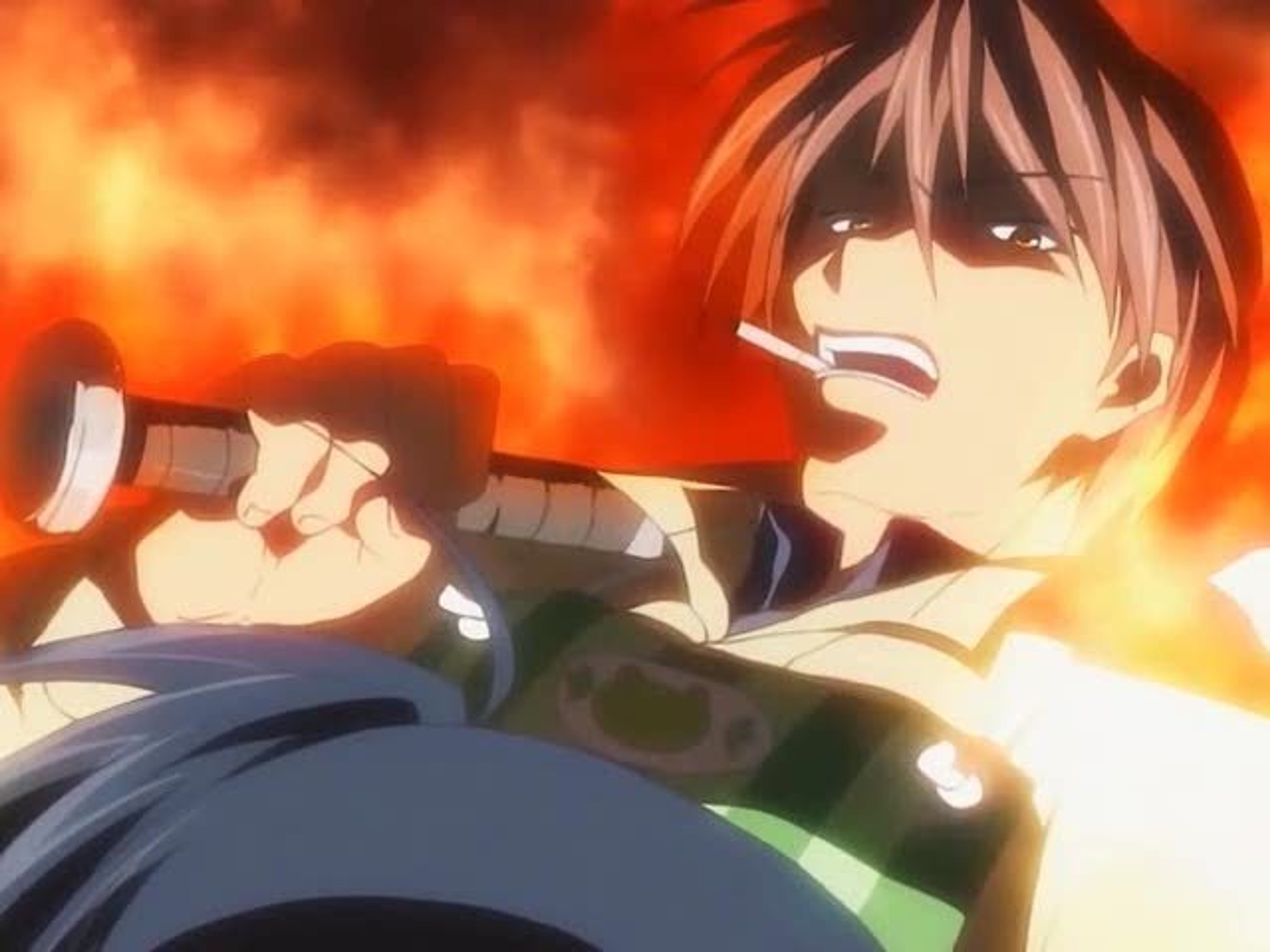 An anime character with orange hair wearing a military uniform in an intense, explosive scene