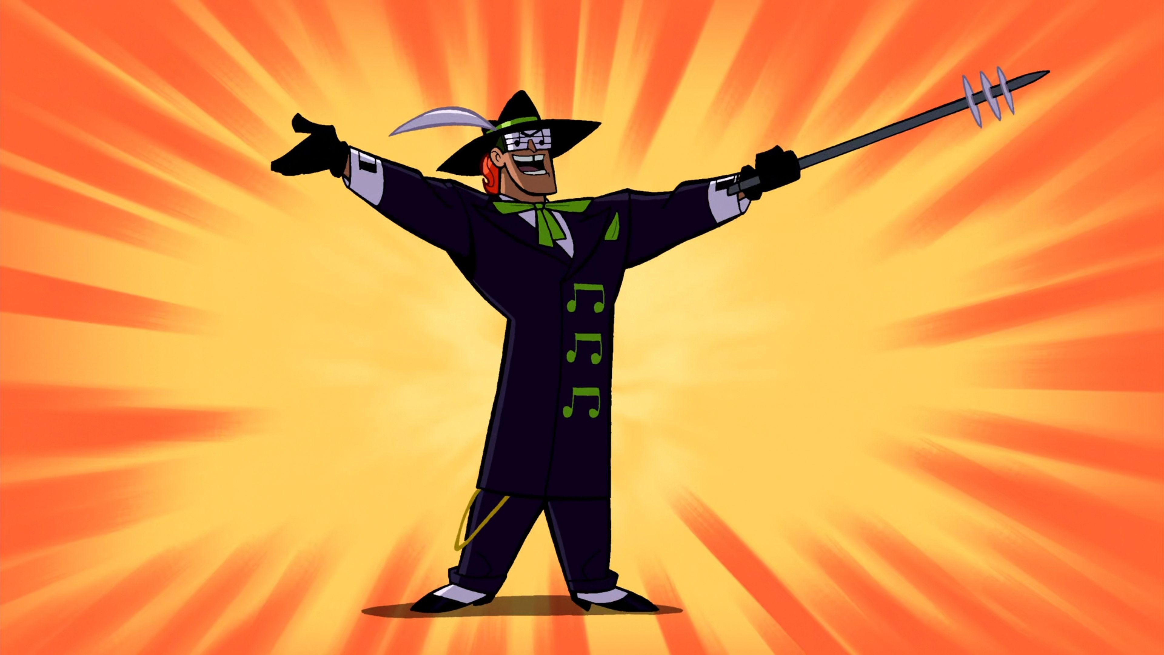 A theatrical, costumed character with an exaggerated pose and dramatic appearance.