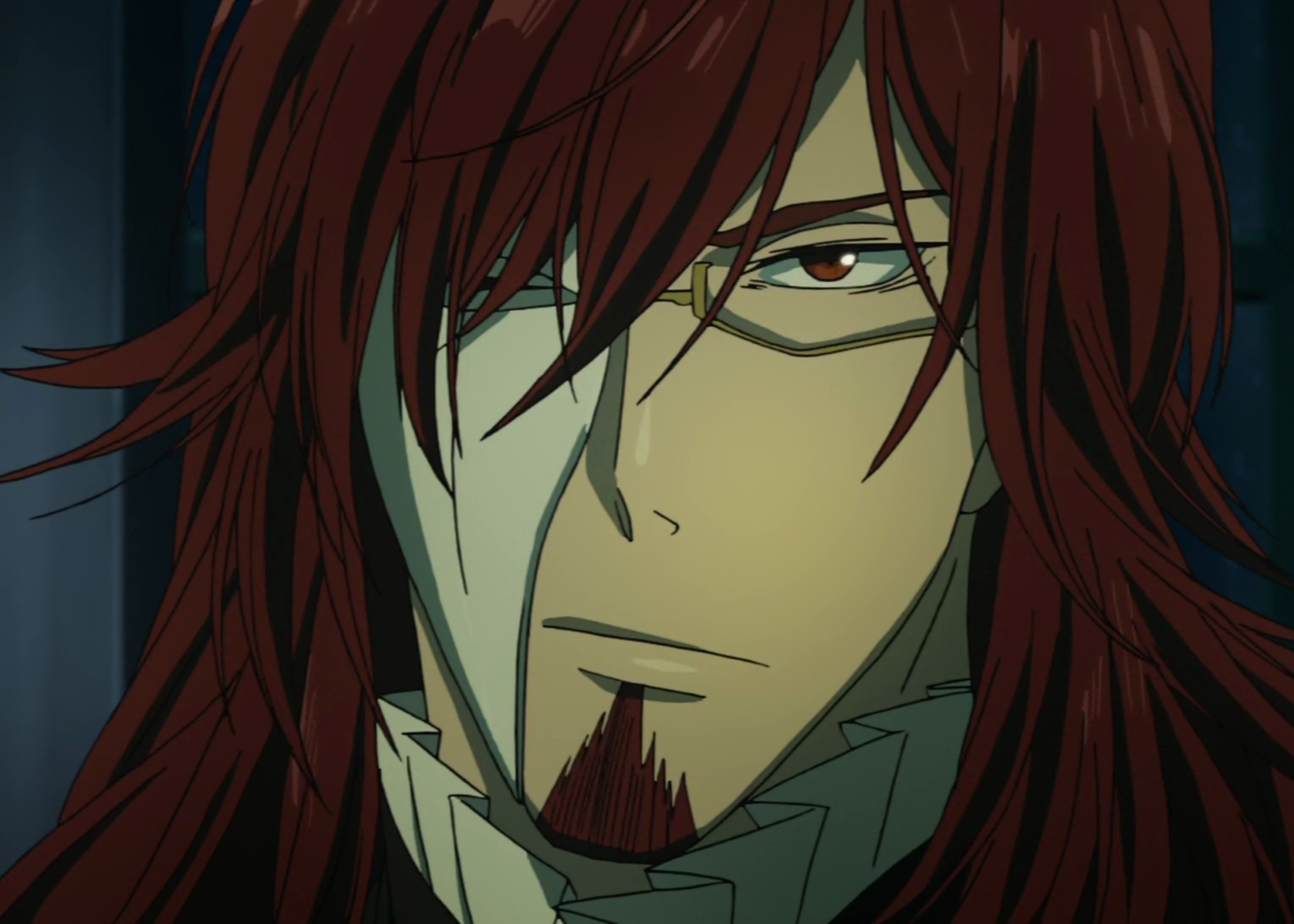 A tall, red-haired man with a mask covering half his face