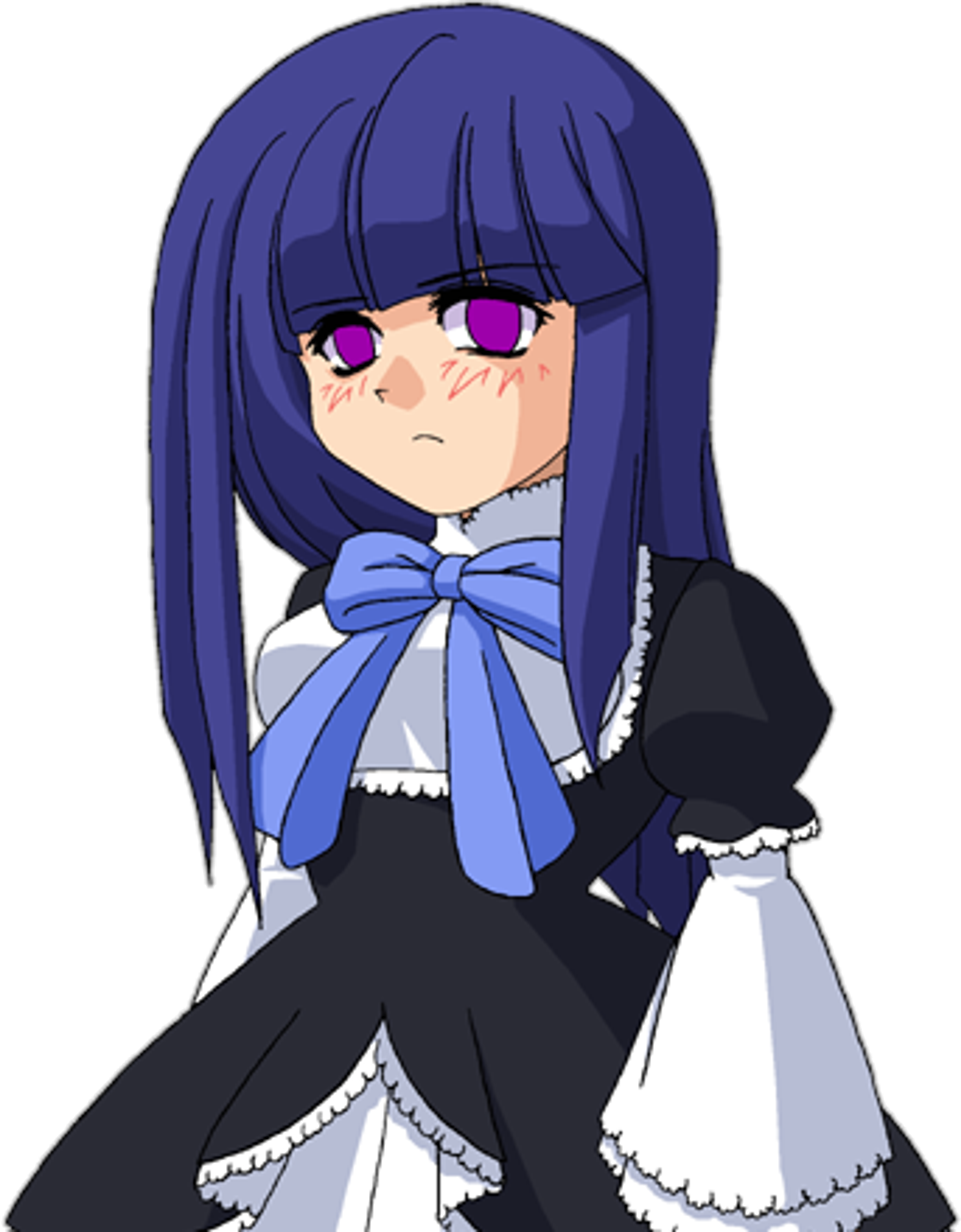 An anime-style character with long blue hair and purple eyes, wearing a black dress with a blue bow.