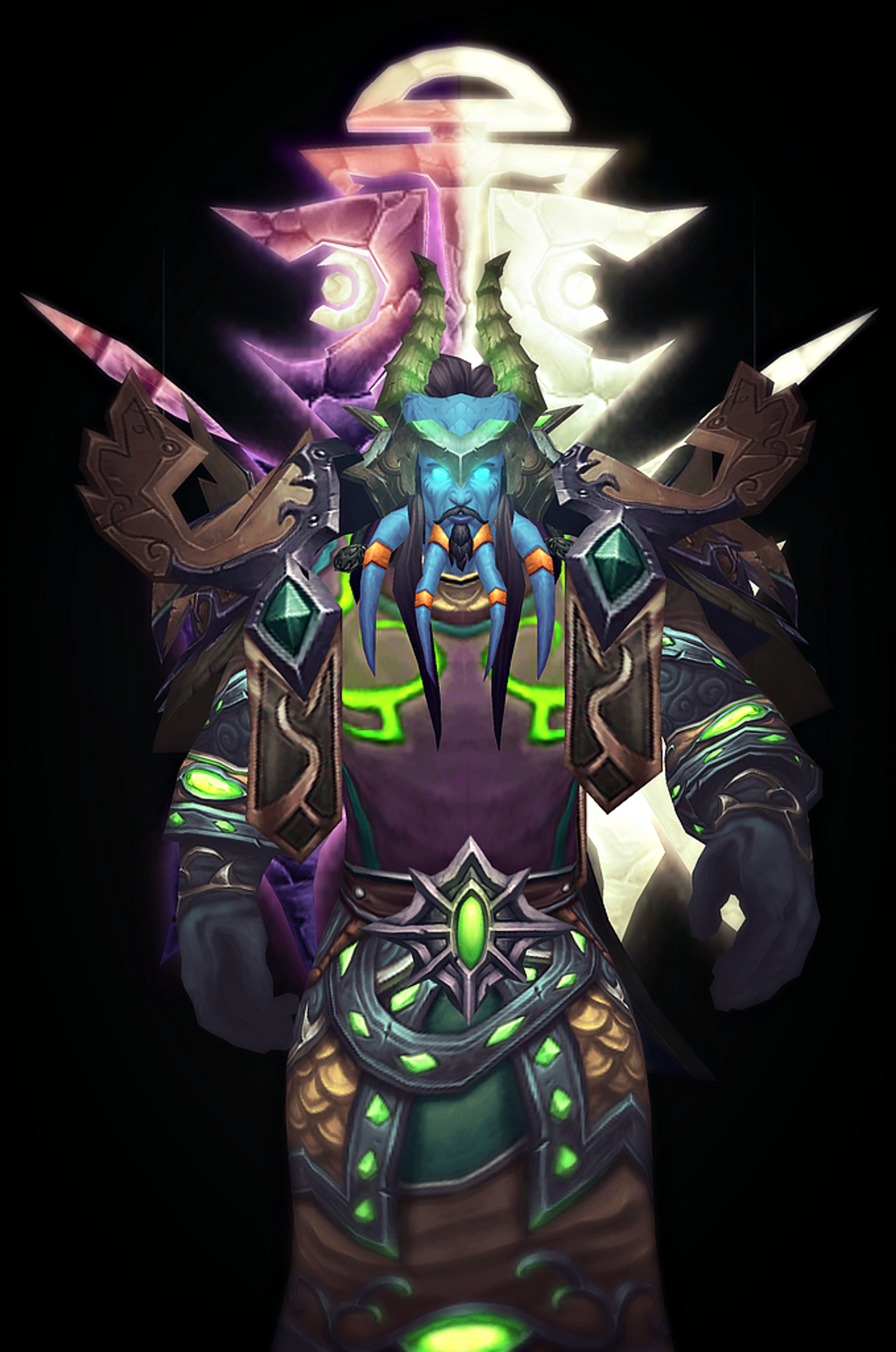 A heavily armored draenei character with glowing energy effects